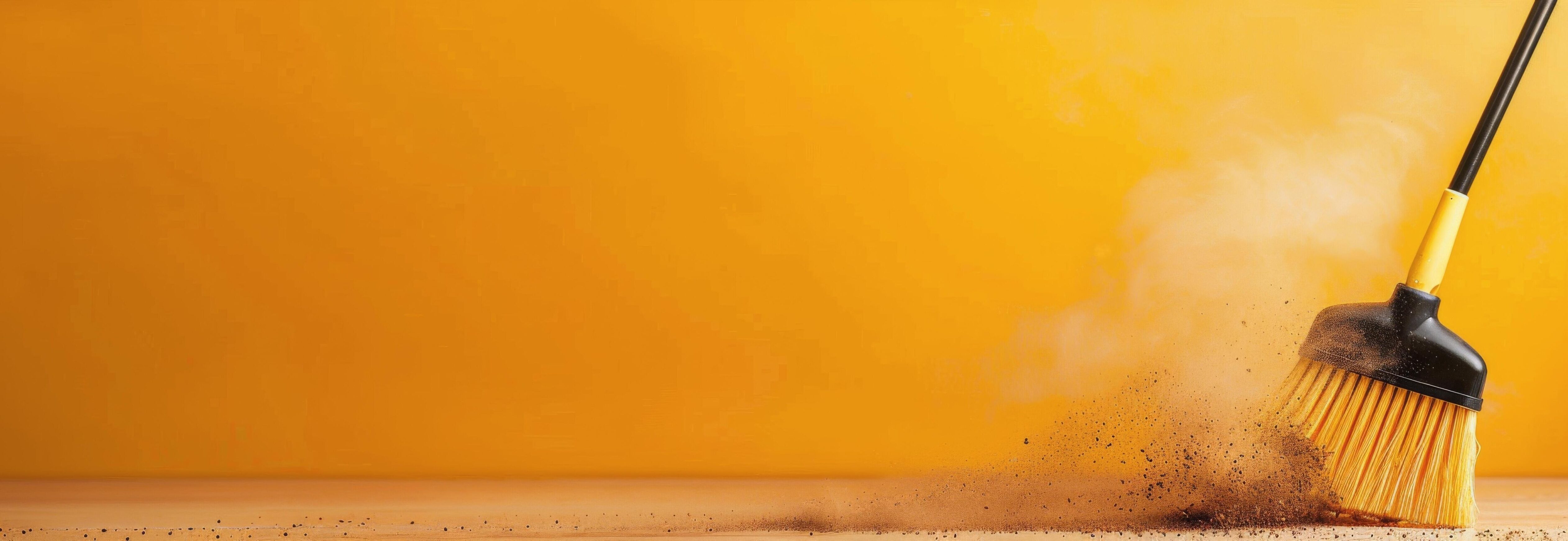 Dust Removal With Broom Against Vibrant Orange Background During Cleaning Process Stock Free