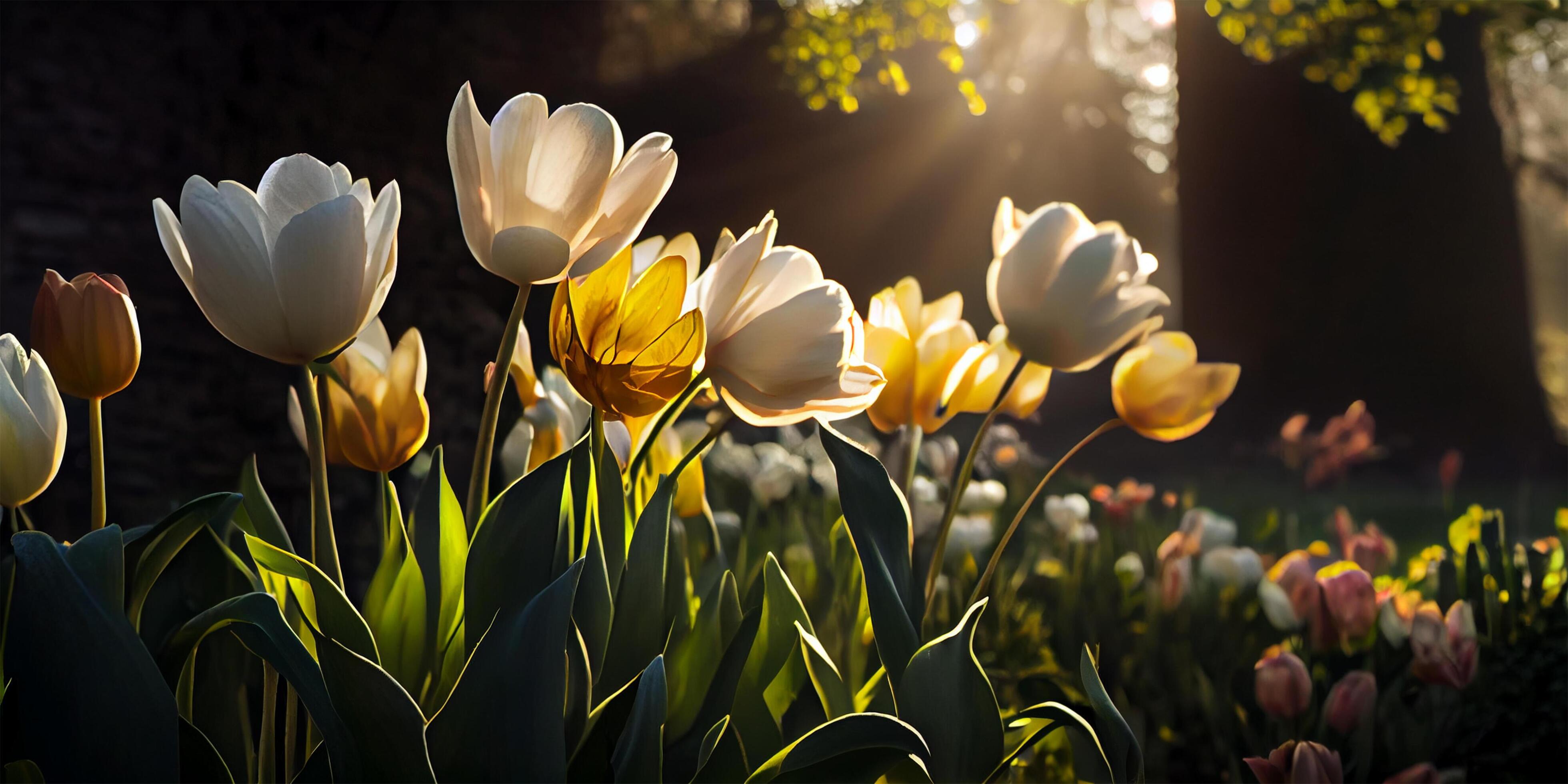 Colorful tulip flowers landscape background on a garden sunny day. . Stock Free