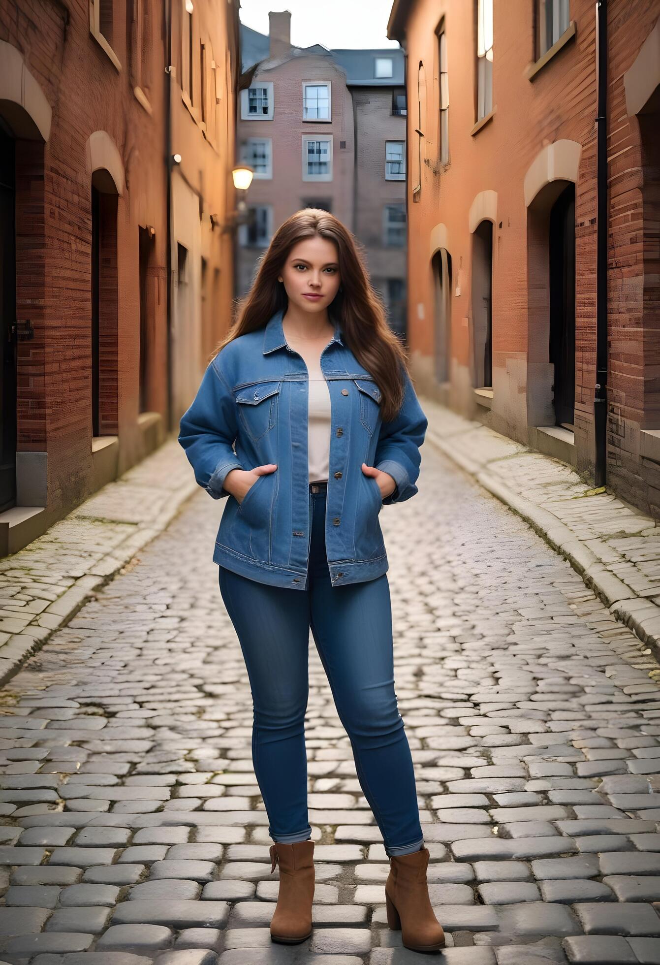 Portrait of a beautiful young woman in a blue jacket and jeans Stock Free