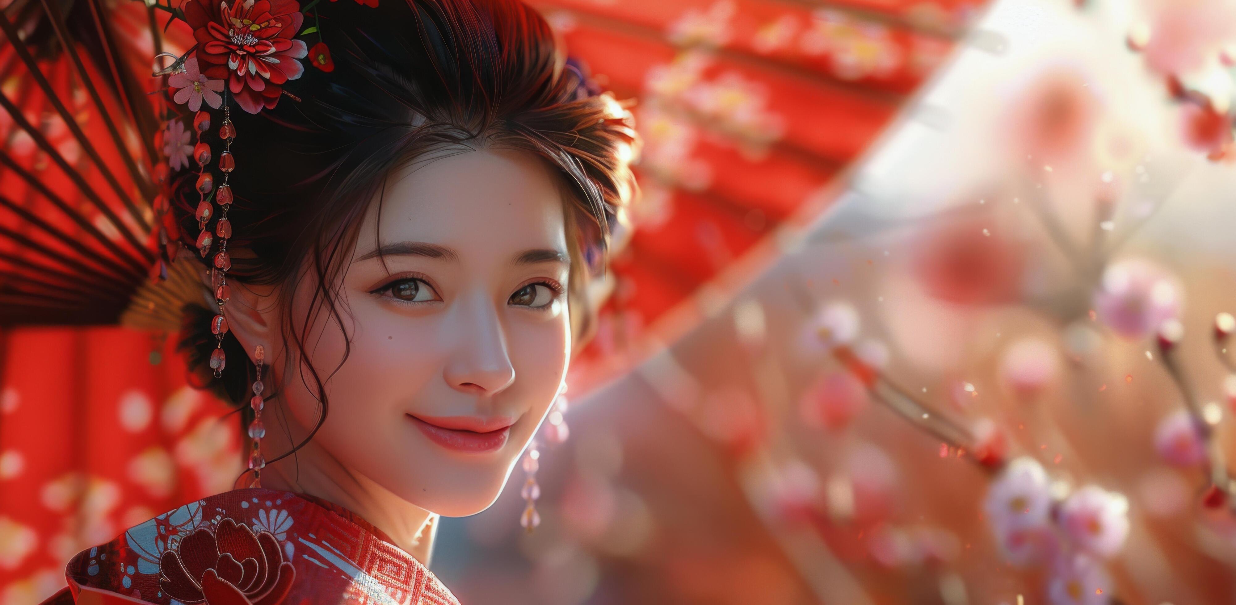 Young Woman Wearing Traditional Red Kimono Smiles Underneath a Red Umbrella Stock Free