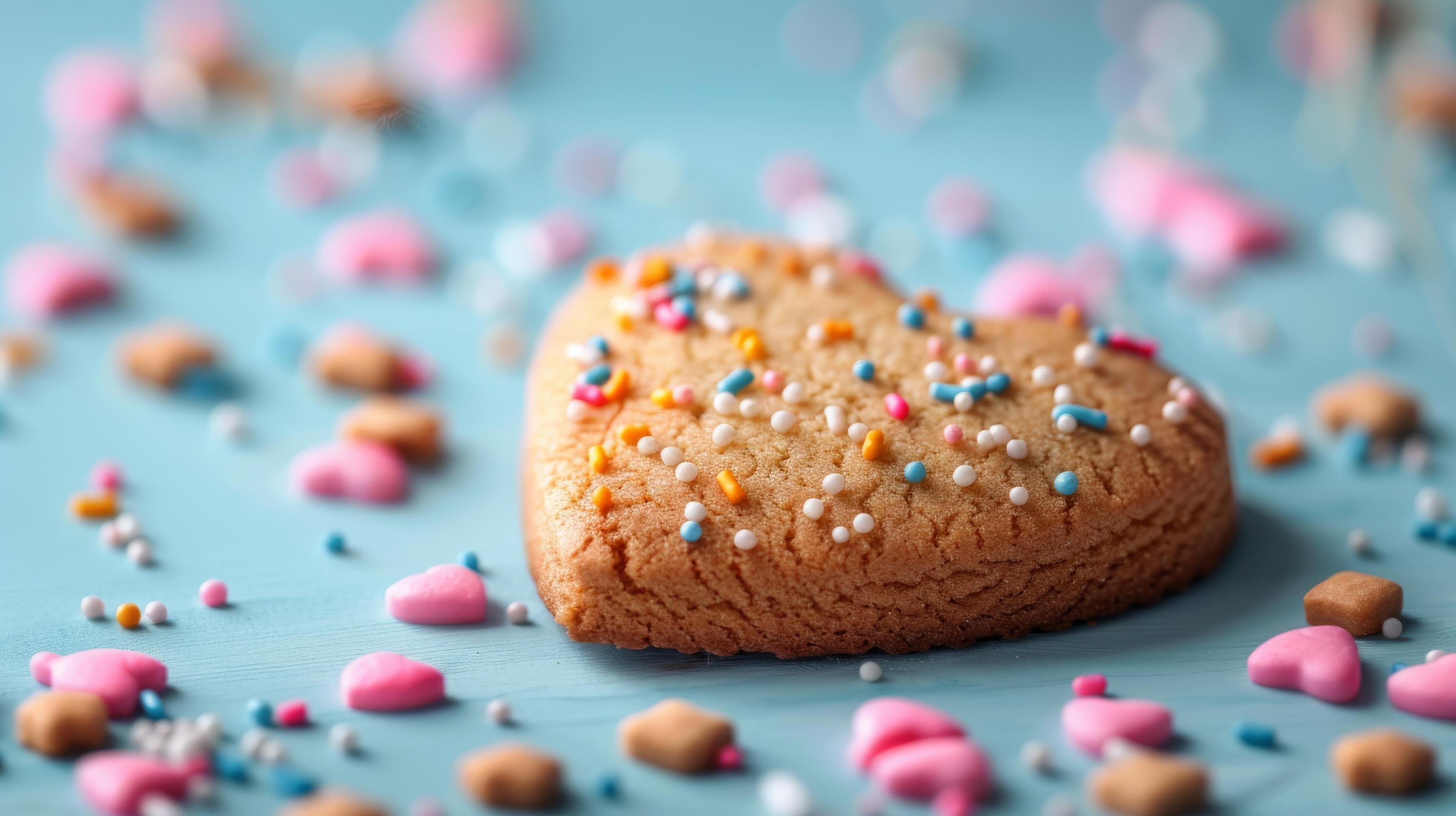 Heart Shaped Cookie With Sprinkles on Blue Background Stock Free