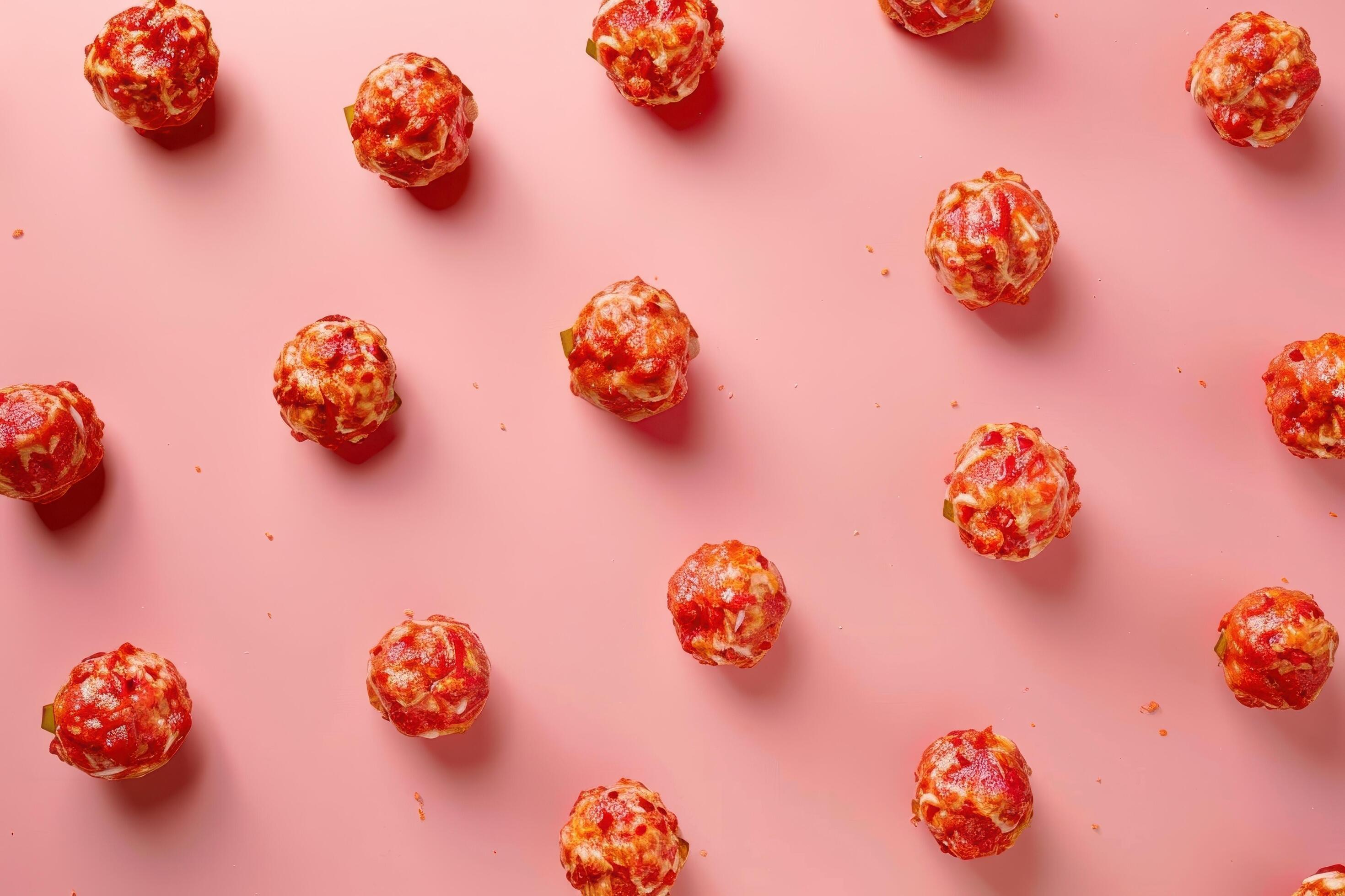 Red and White Glazed Pastry Balls on Pink Background Stock Free