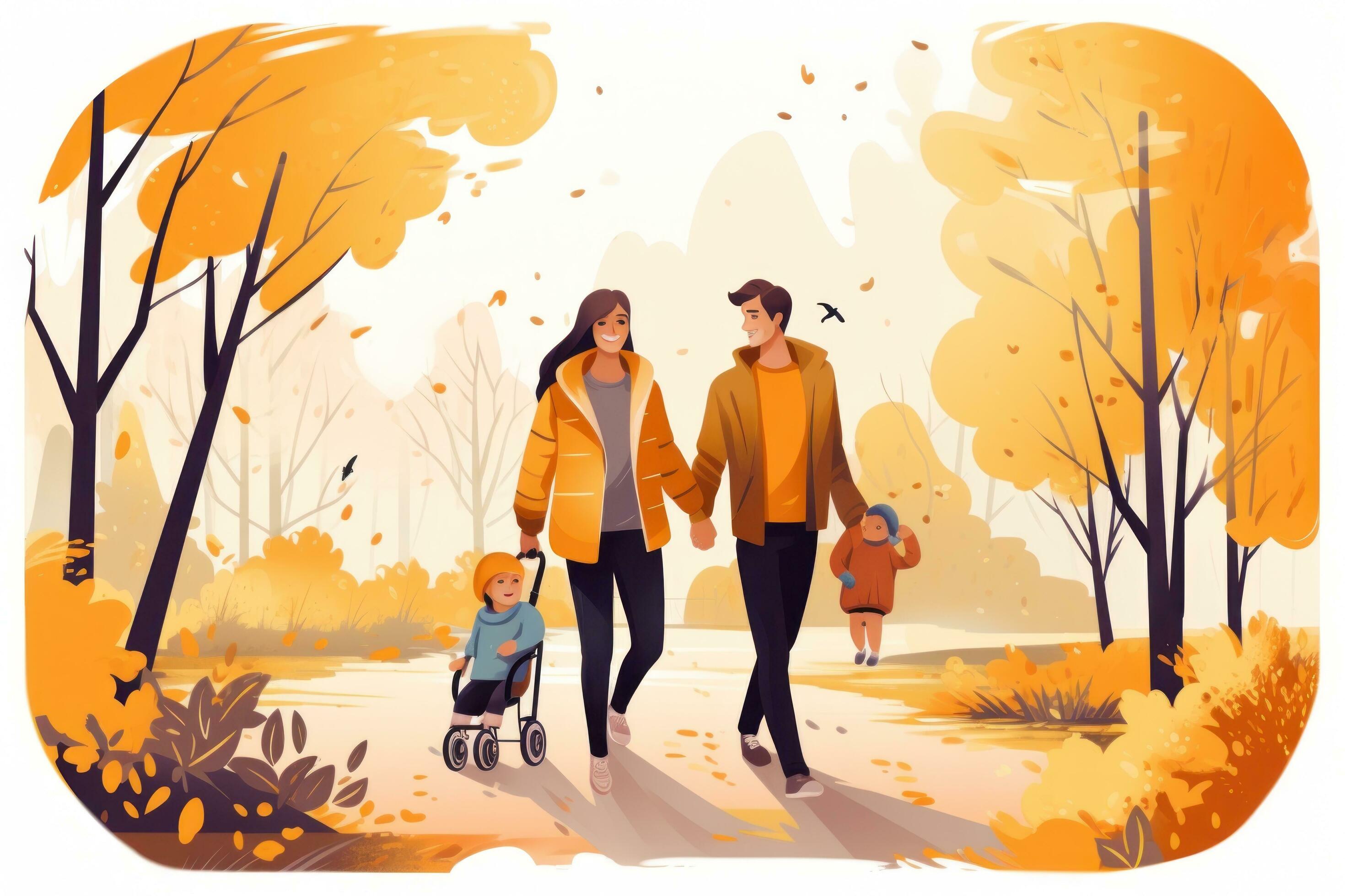 Illustration of happy family in park in Autumn Stock Free