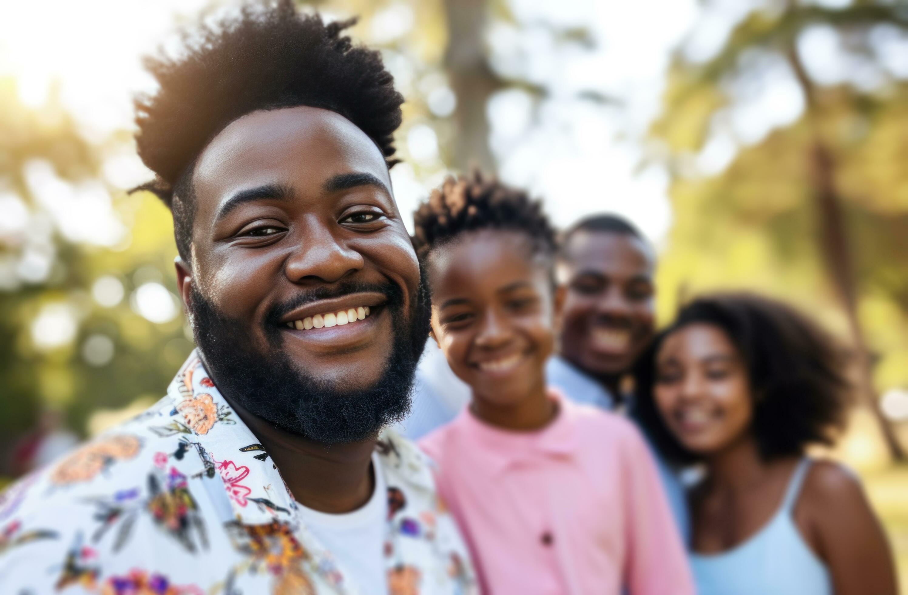 AI generated man in white shirt smiling in outdoors with family Stock Free