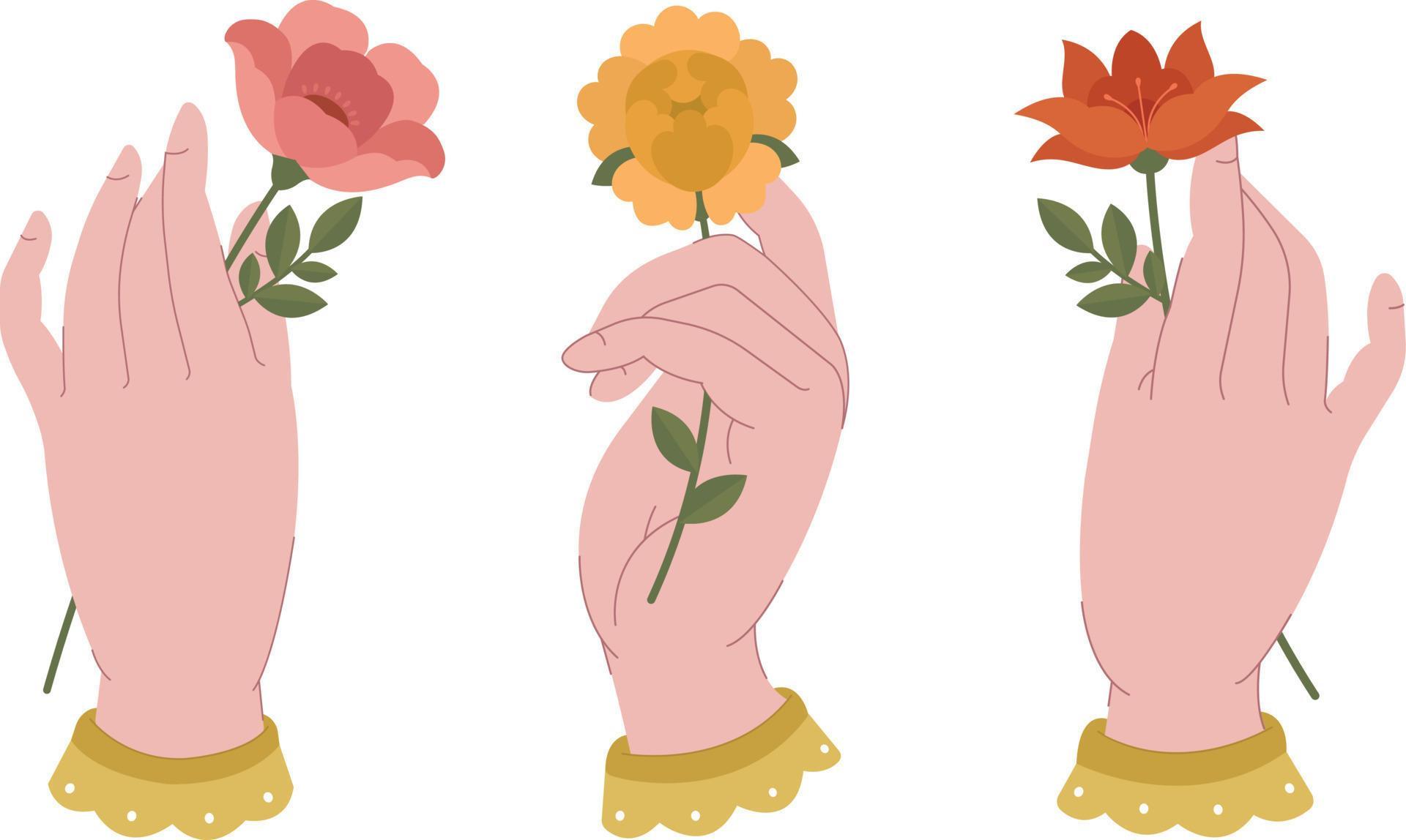 Set of female hands holding beautiful spring flowers, isolated on white background. Modern vector flat style Stock Free