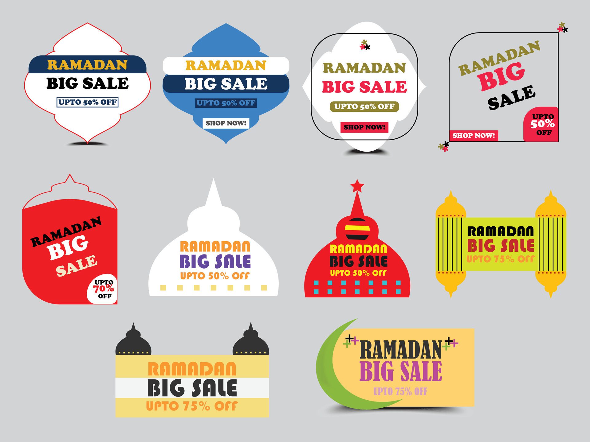 Ramadan big Sale Design Set. Flat Design Vector Template for Label, Sticker, Poster, Flyer, Banner. Free Vector