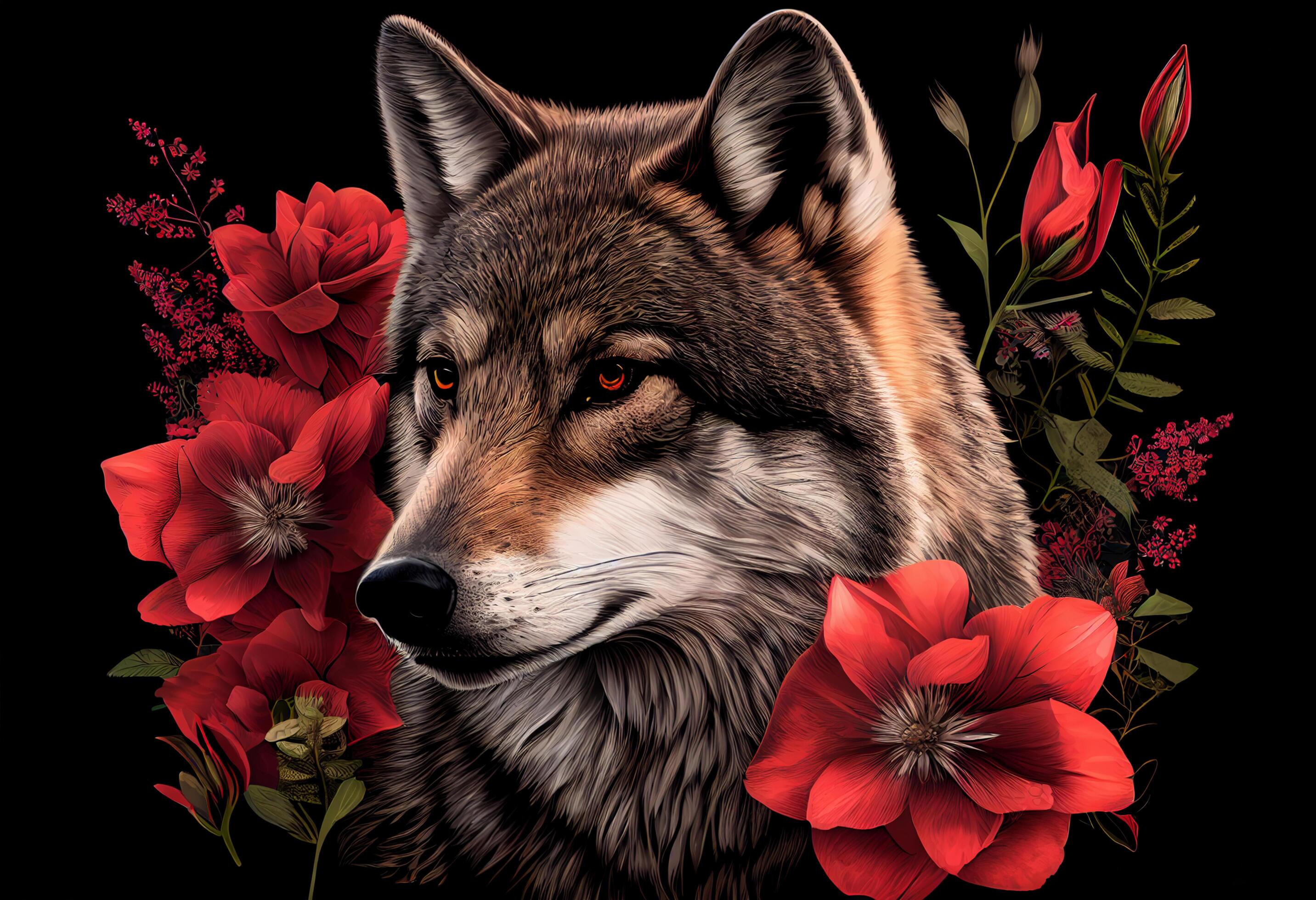 Portrait of a wolf with red flowers on a black background. Stock Free