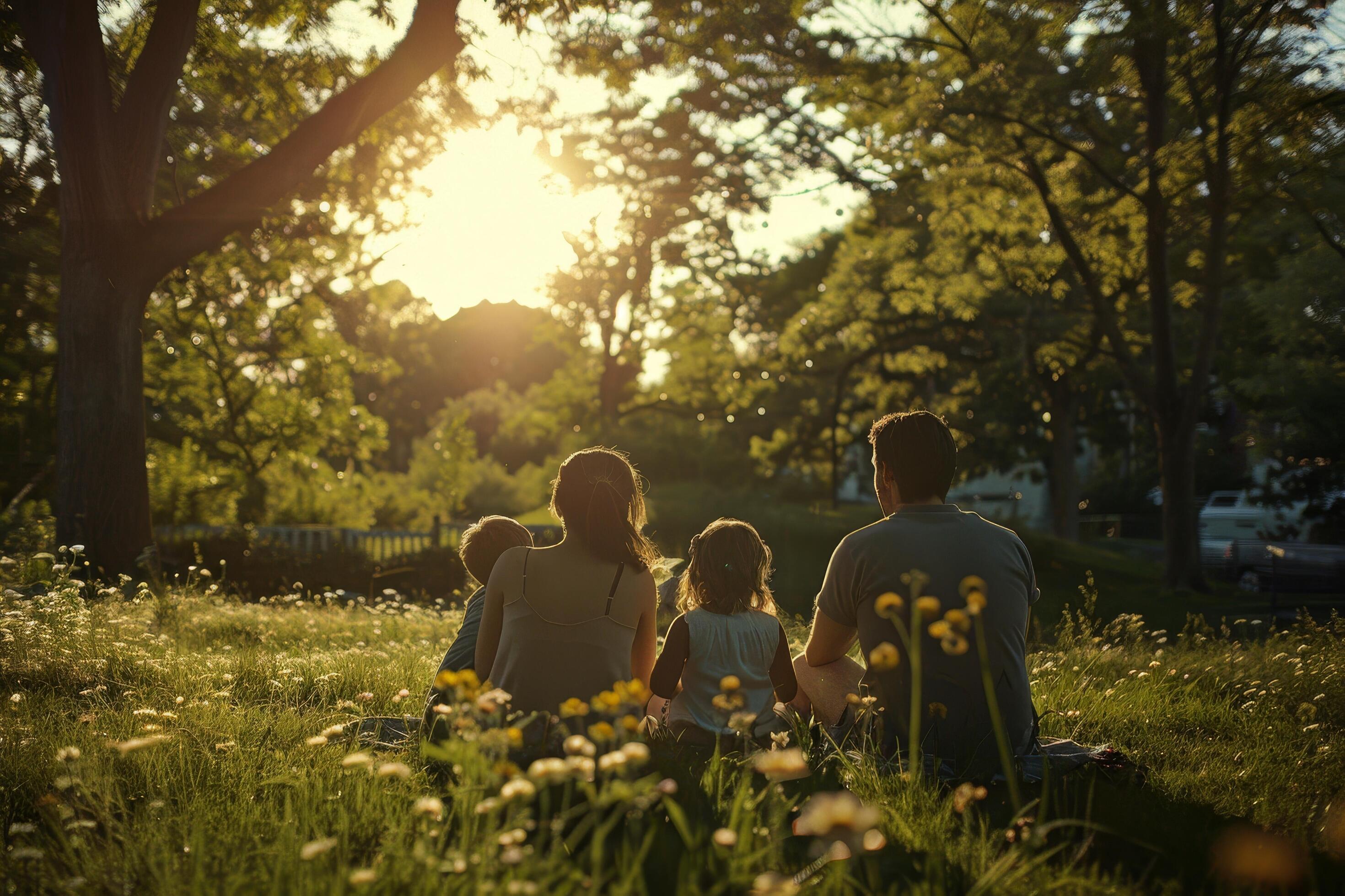 A family of four sits in a grassy field, enjoying the sun and the flowers Stock Free