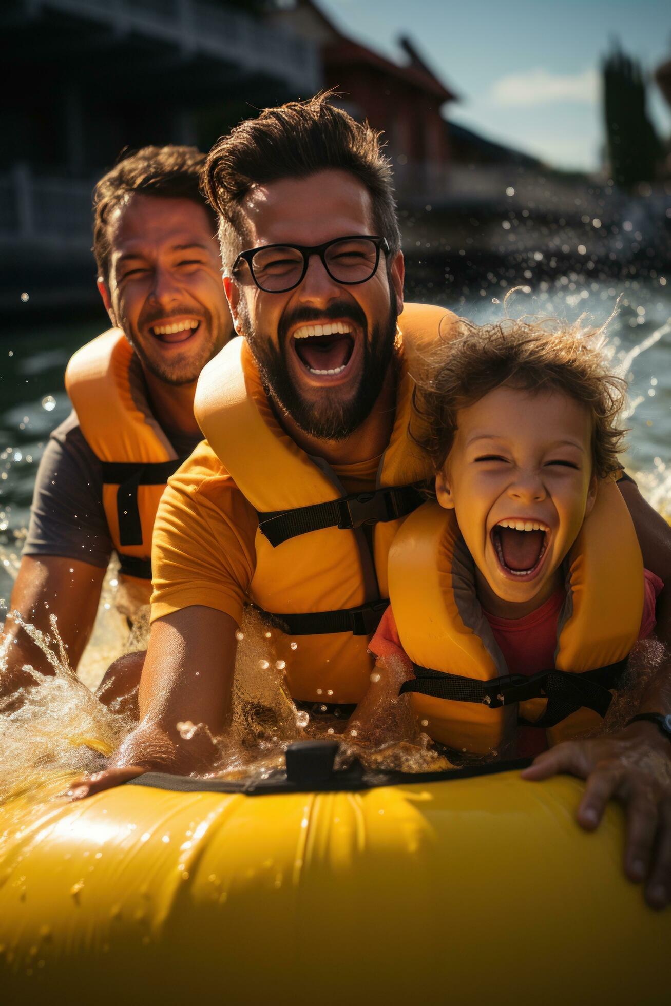 Laughing family having fun while riding on a banana boat Stock Free