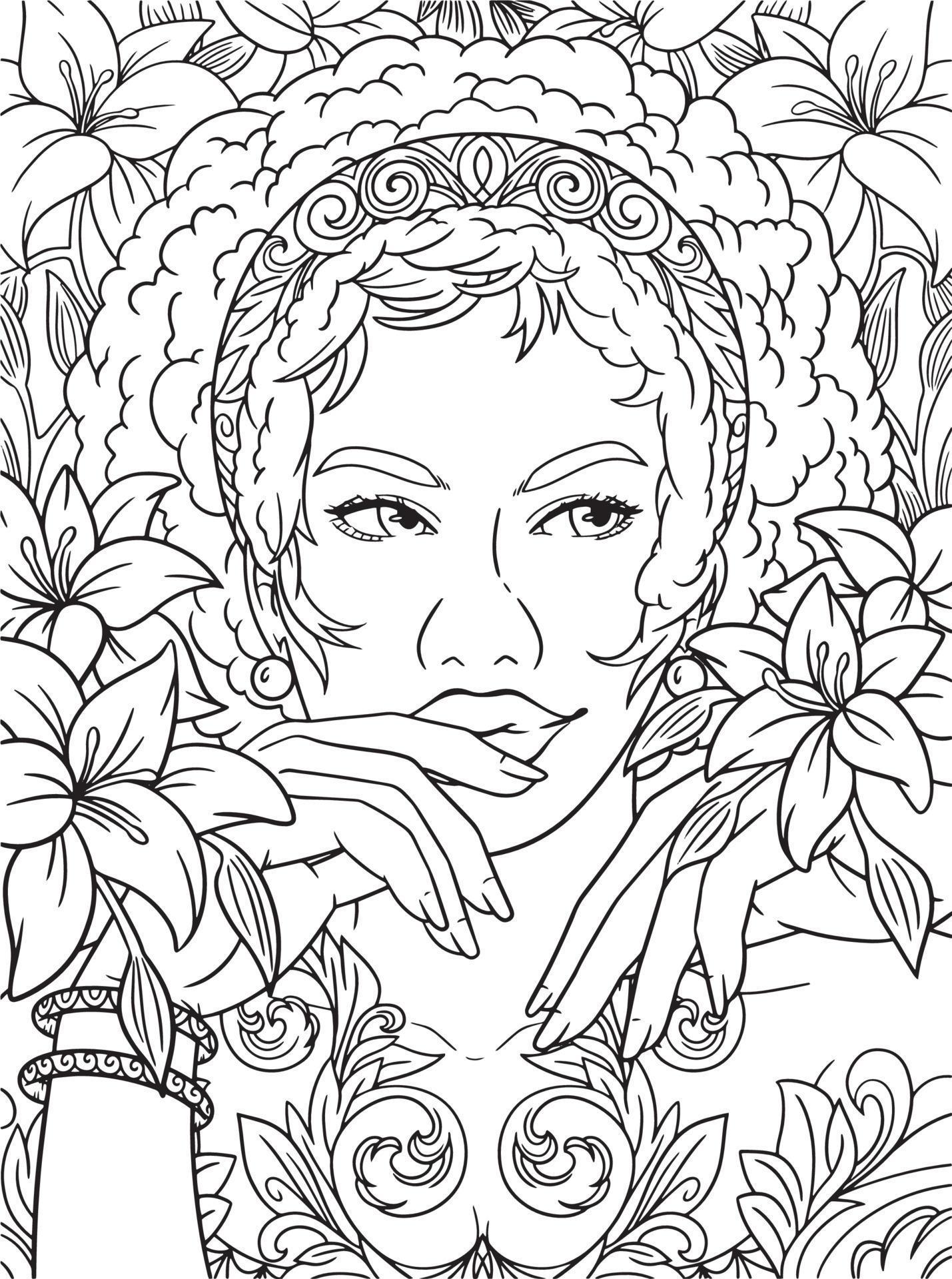 Afro American Flower Girl Adult Coloring Page Stock Free