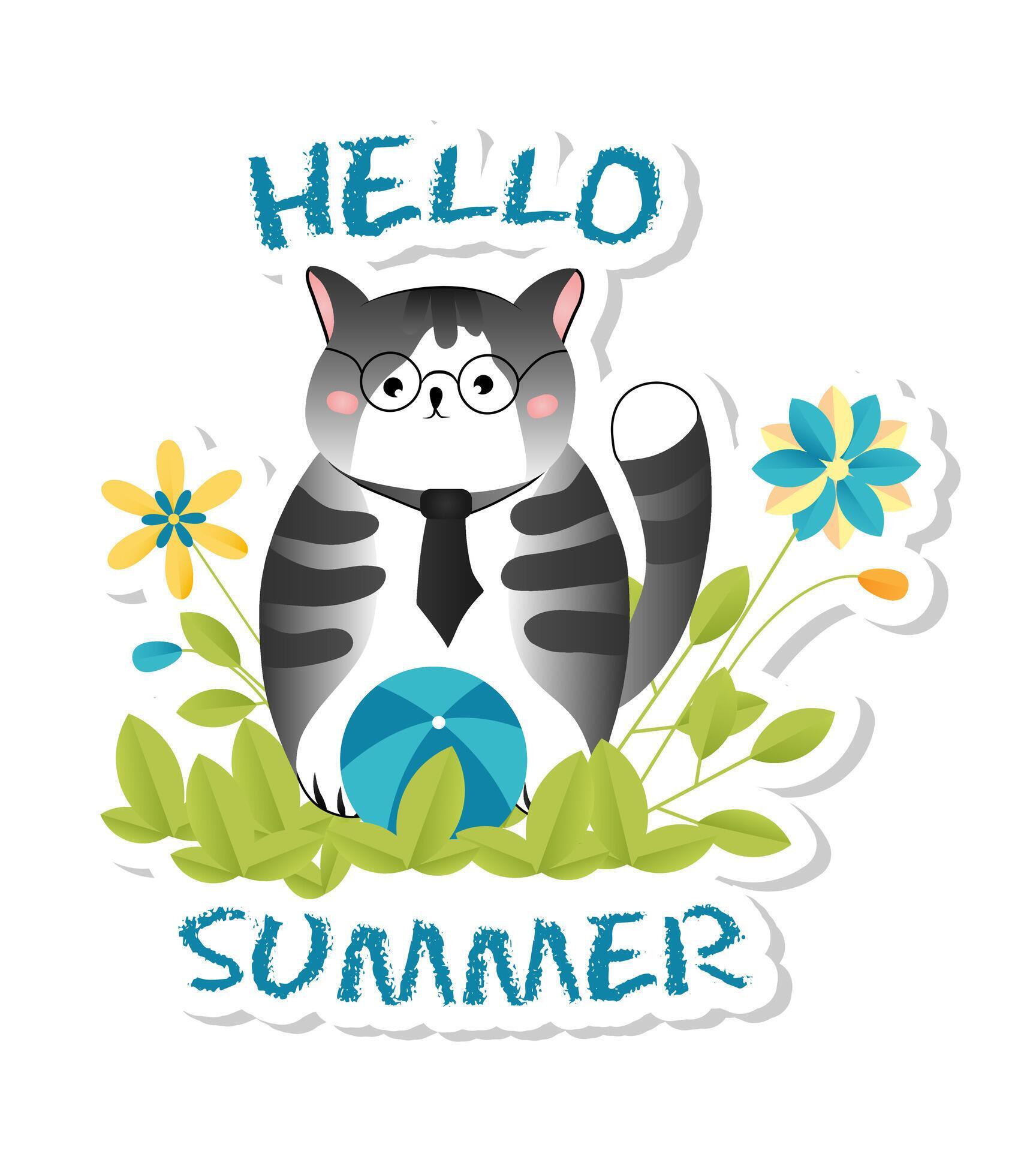 Sticker with cute smart little cat sitting in the flowers. Stock Free