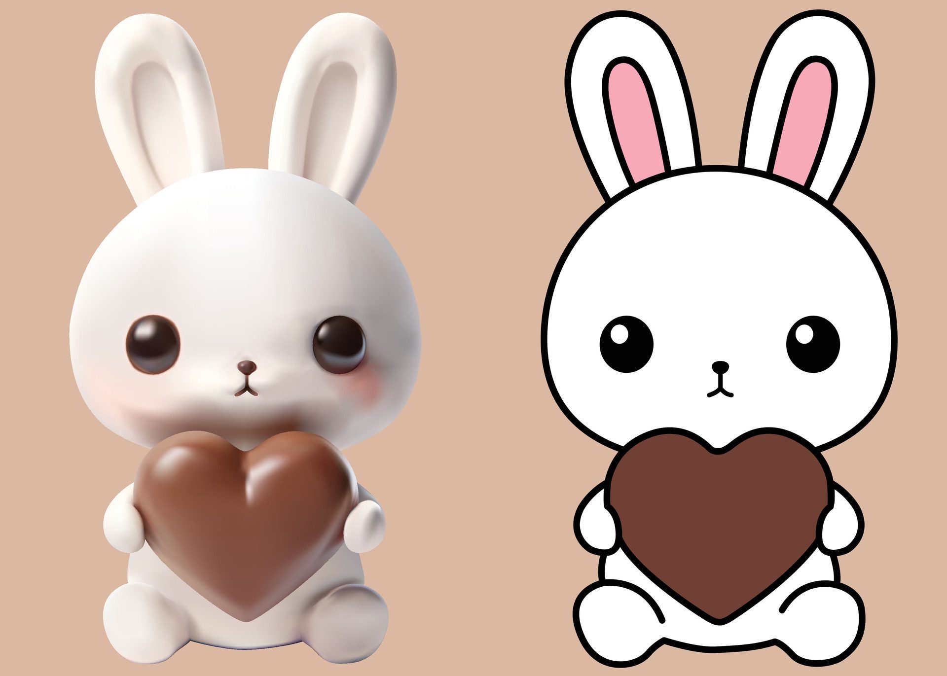 White bunny character easter theme hand holding chocolate has the heart shape 2 style 3D vector and 2D for card, ads, and banner. Free Vector