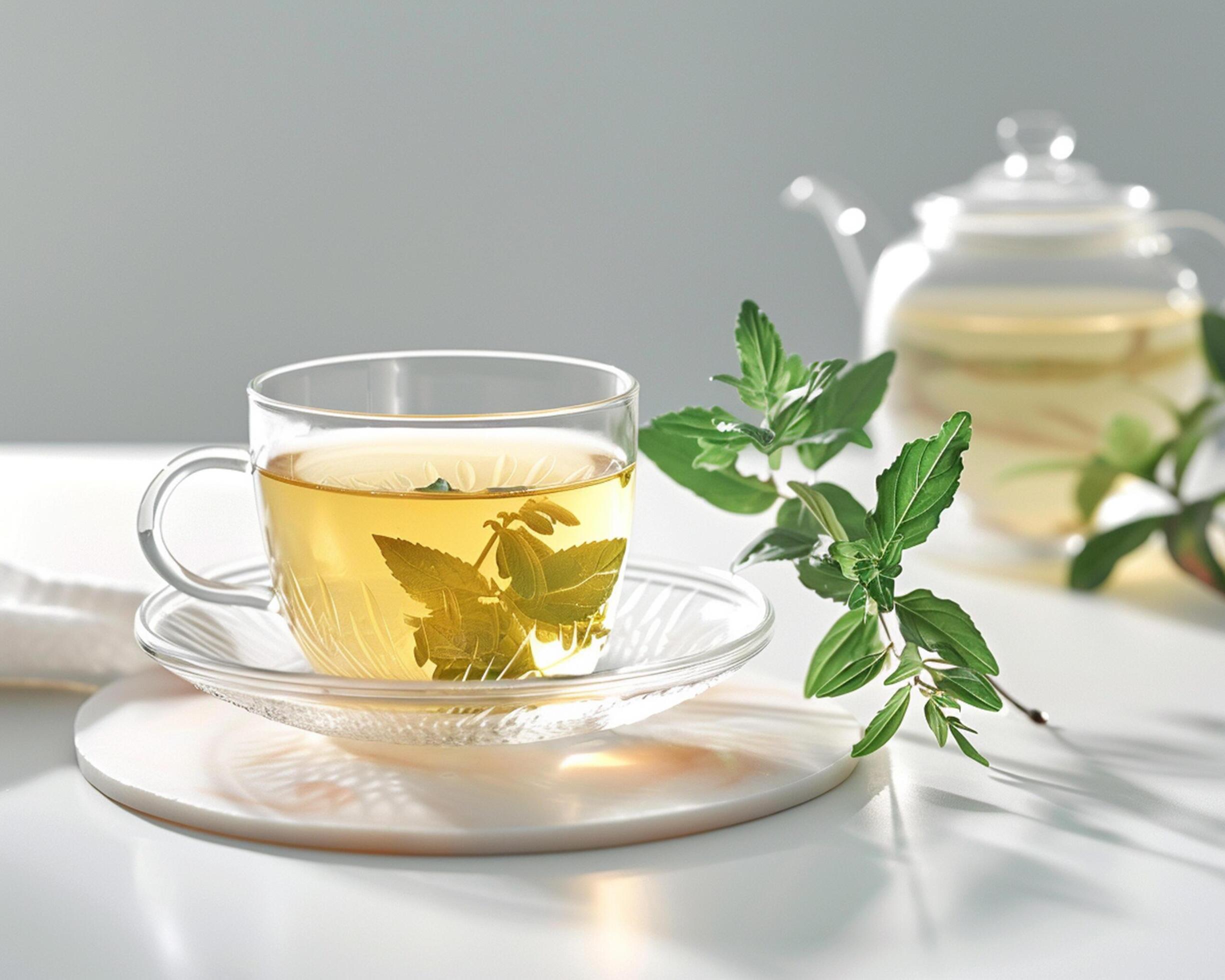 green tea with mint leaves in a cup on a white table Stock Free