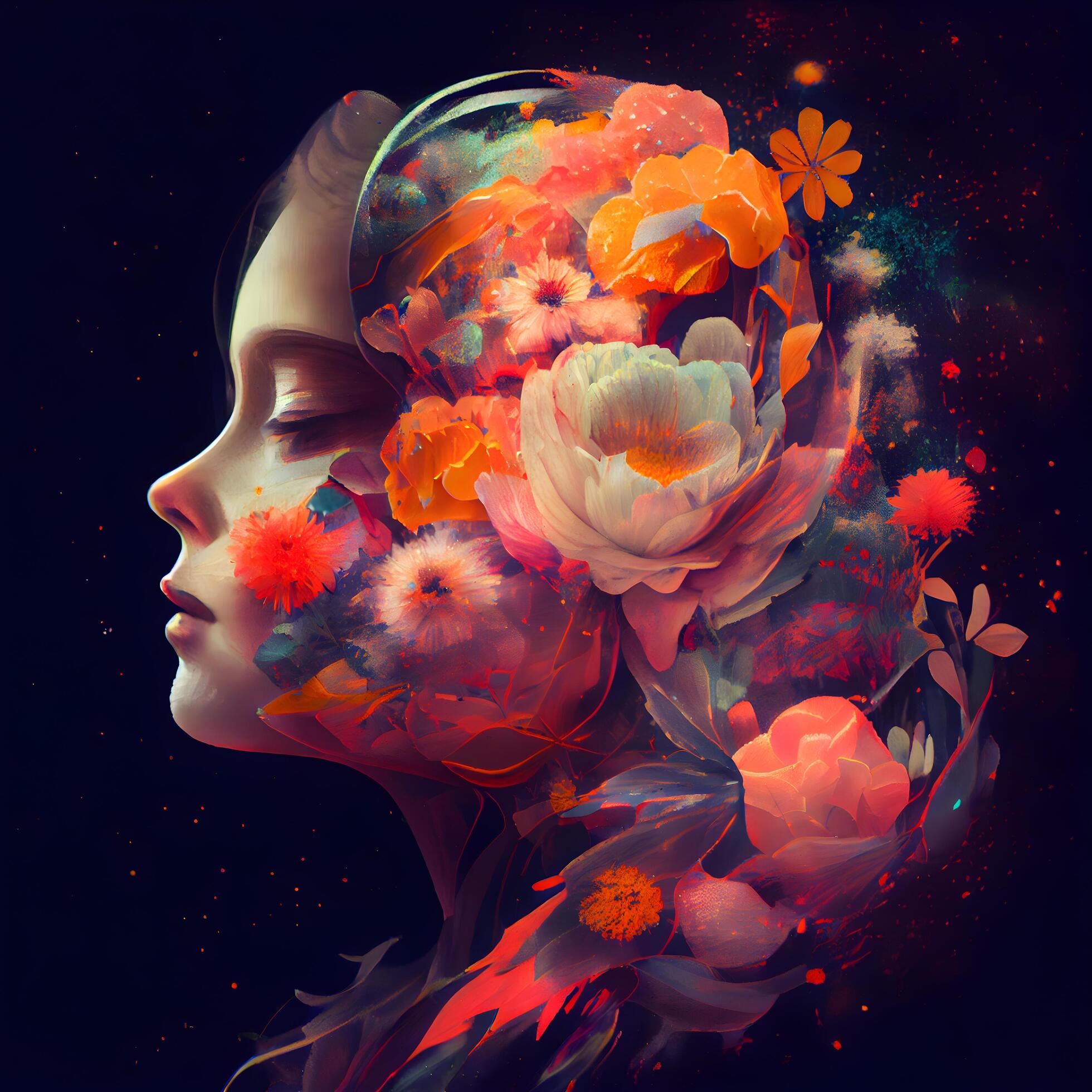 Double exposure portrait of beautiful young woman with flowers on dark background., Image Stock Free