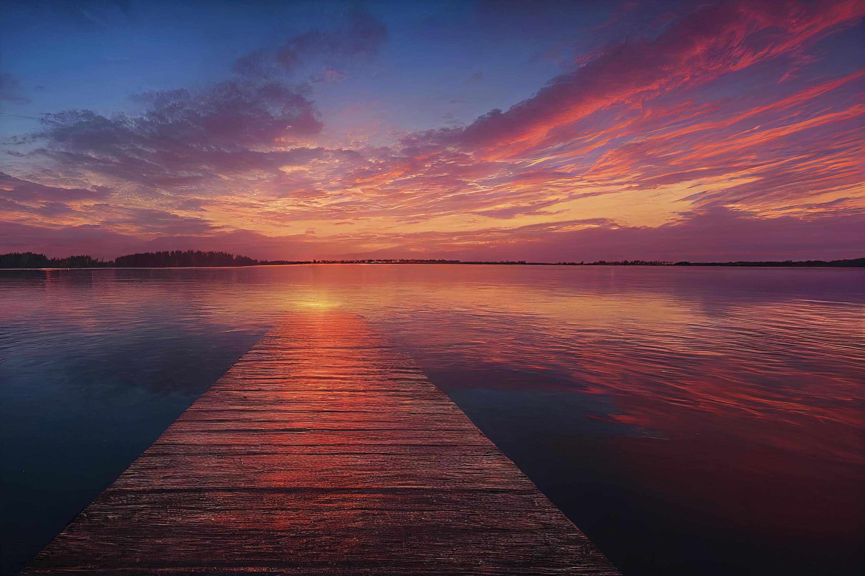 colorfull wooden pier on a lake that is totally calm during sunset Stock Free