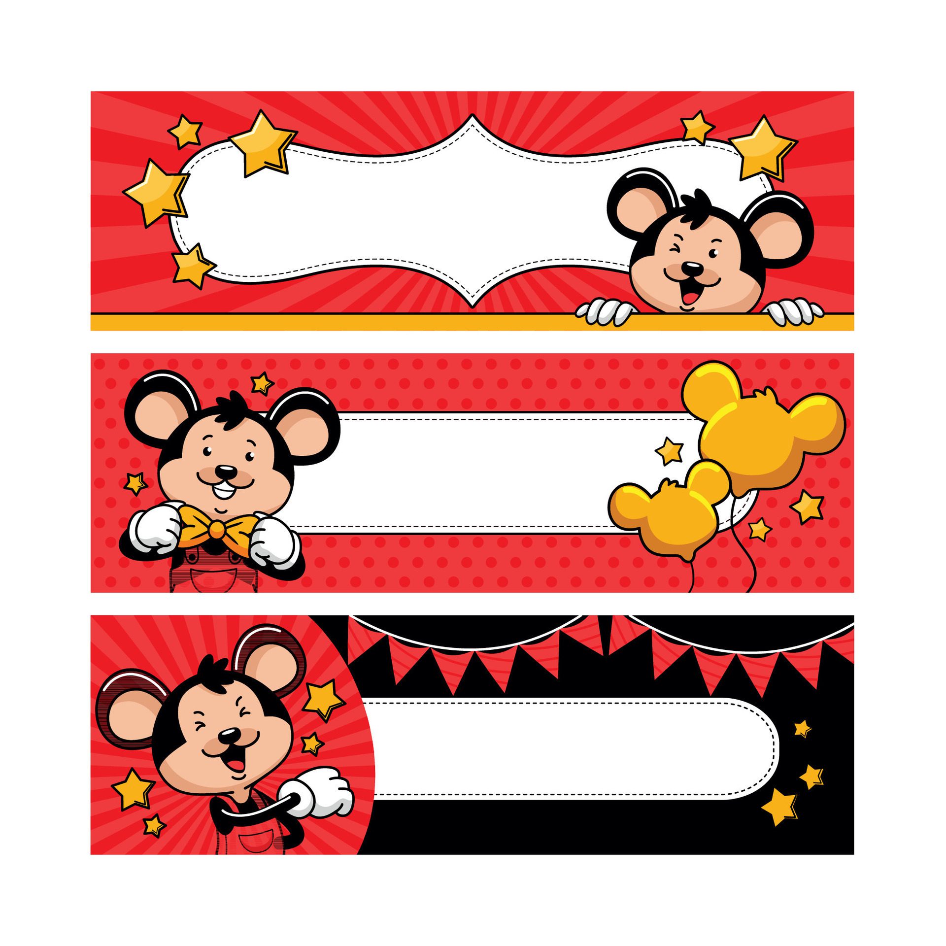 Cute Mouse Doing Various Activities, Horizontal Banner Set Free Vector