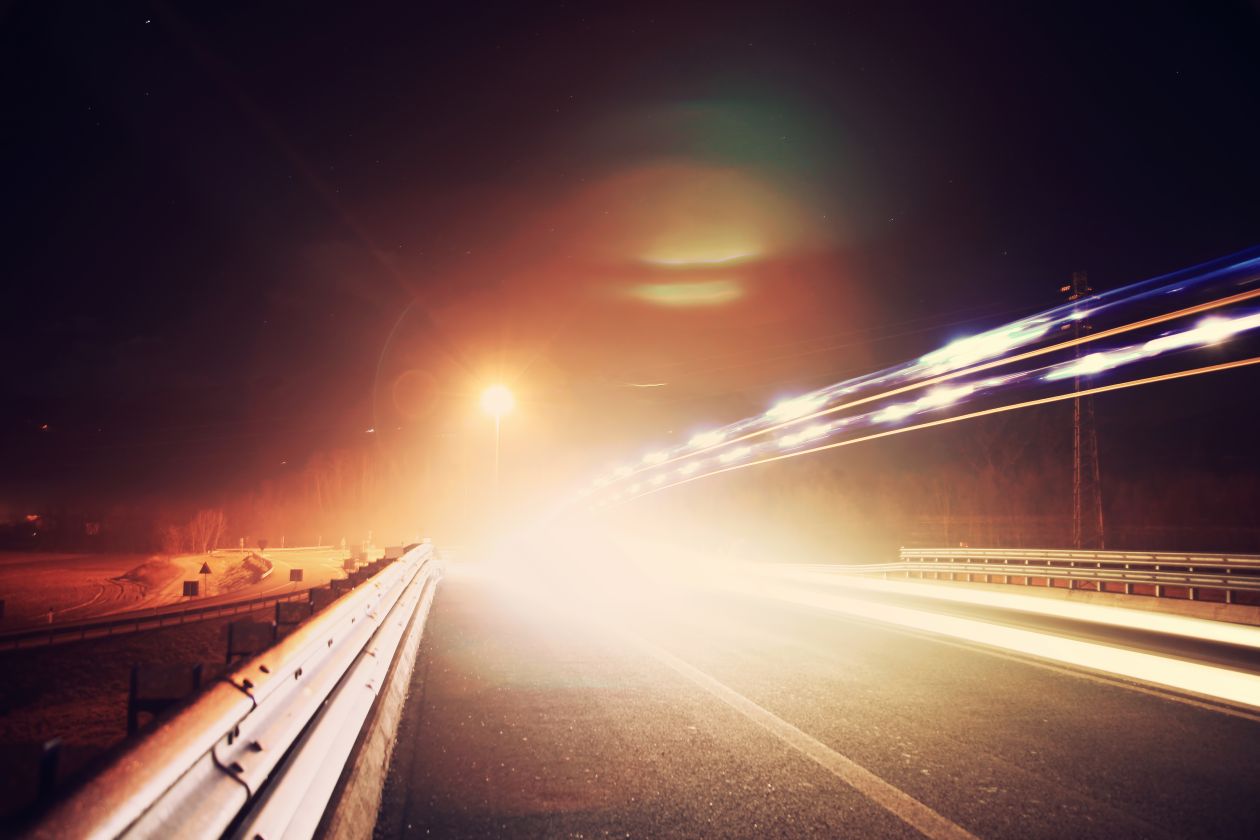 Highway Night Blurred Lights Lens Flare Guard Rail Stock Free