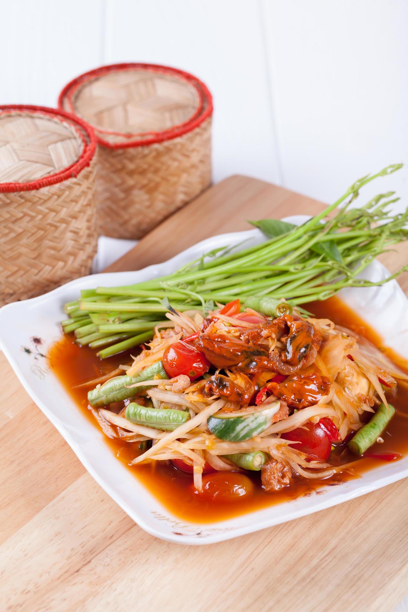 Somtum, papaya salad delicious food in thailand Stock Free