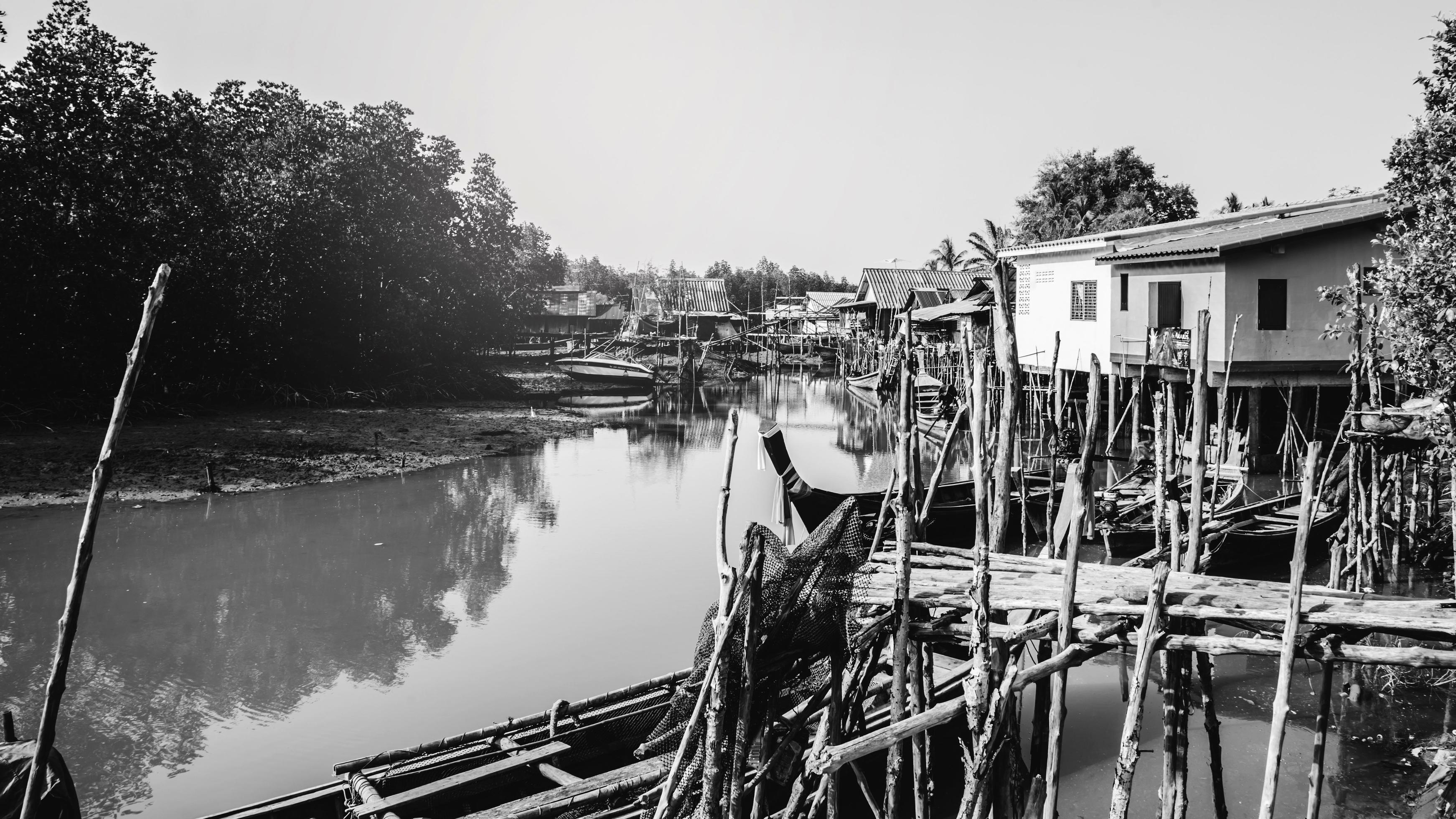 background landscape. The fishing village life style black and white picture. Stock Free