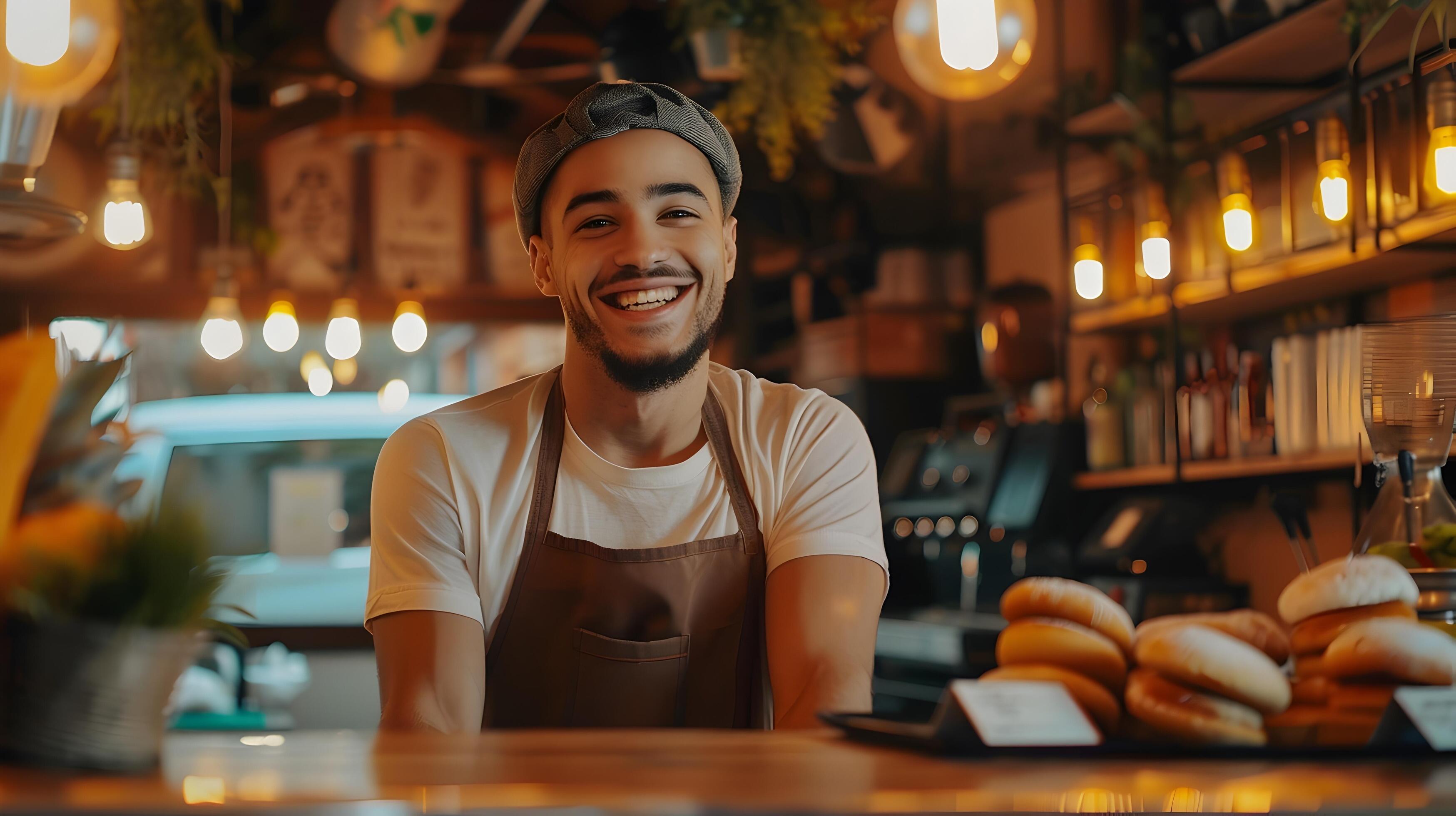 Cheerful Cafe Owner Smiling at Counter of His Cozy Establishment Stock Free