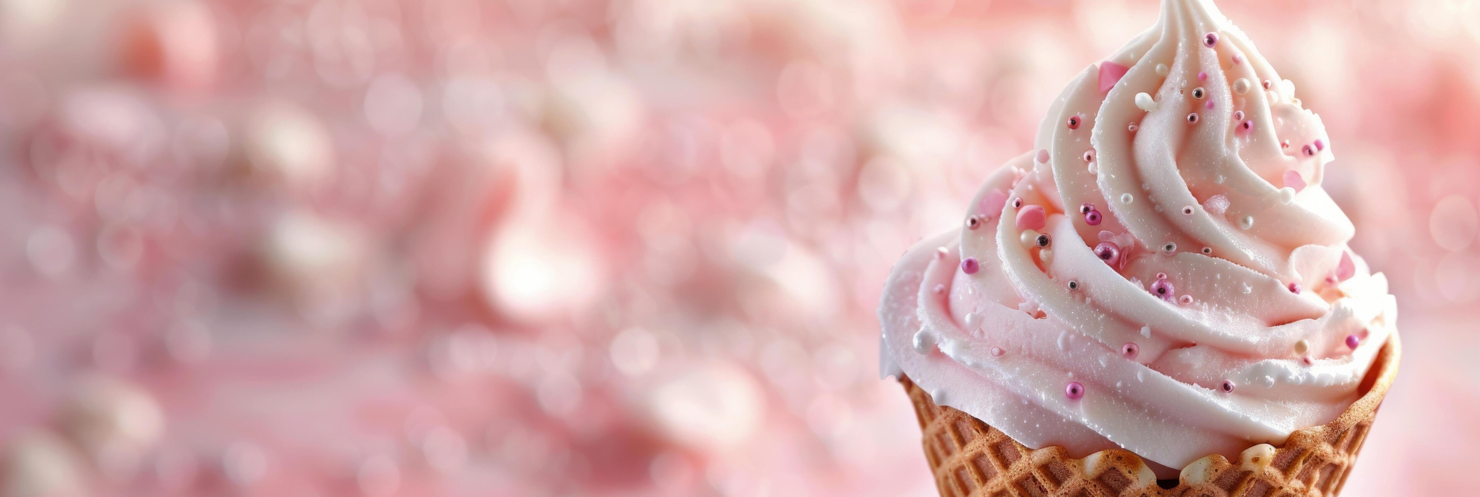 Swirled Pink Ice Cream Cone With Sprinkles on Soft Focus Background Stock Free