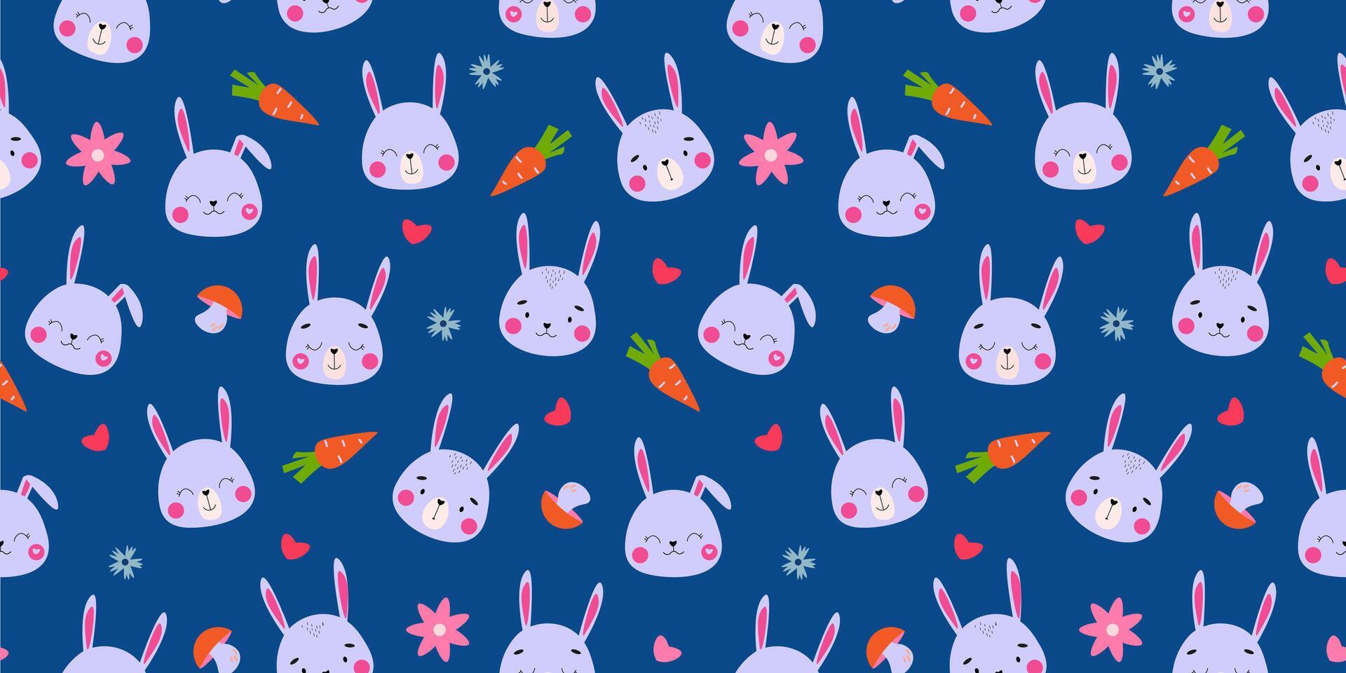 Seamless pattern with cute rabbits. Funny bunnies on a background of flowers, mushrooms, carrots. Vector graphics. Stock Free