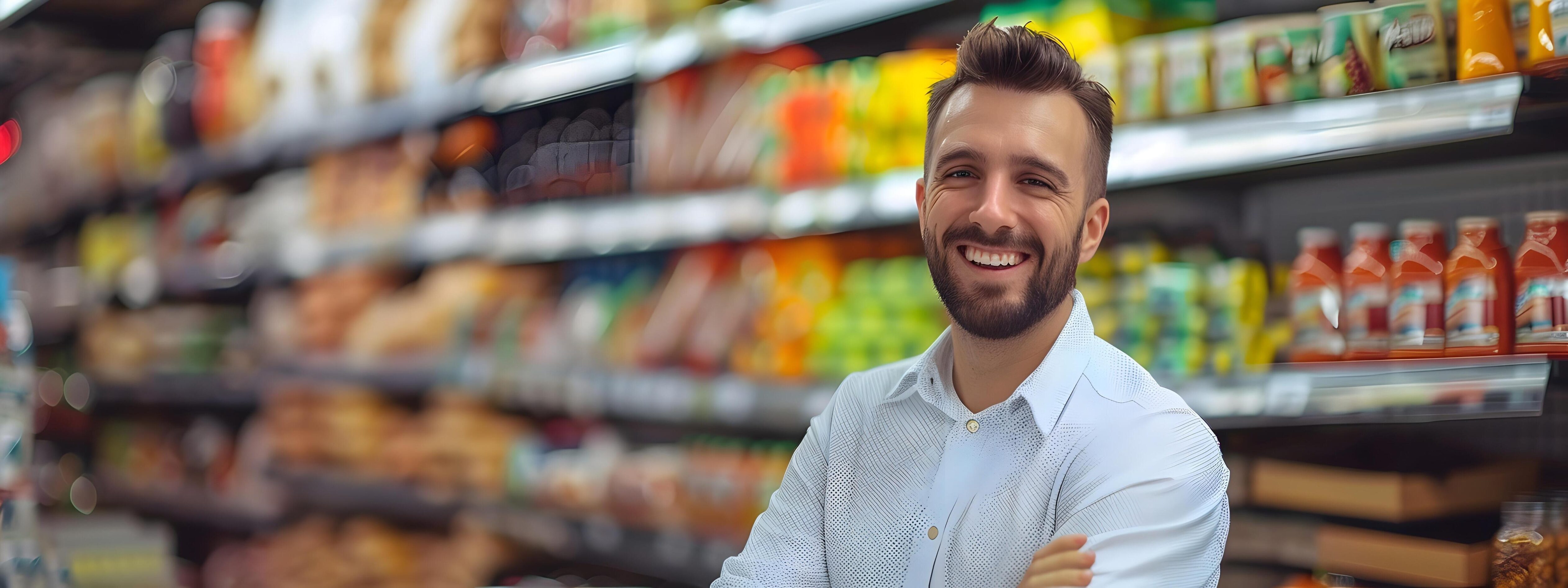 Confident Store Manager Overseeing Grocery Retail with Positive Demeanor Stock Free