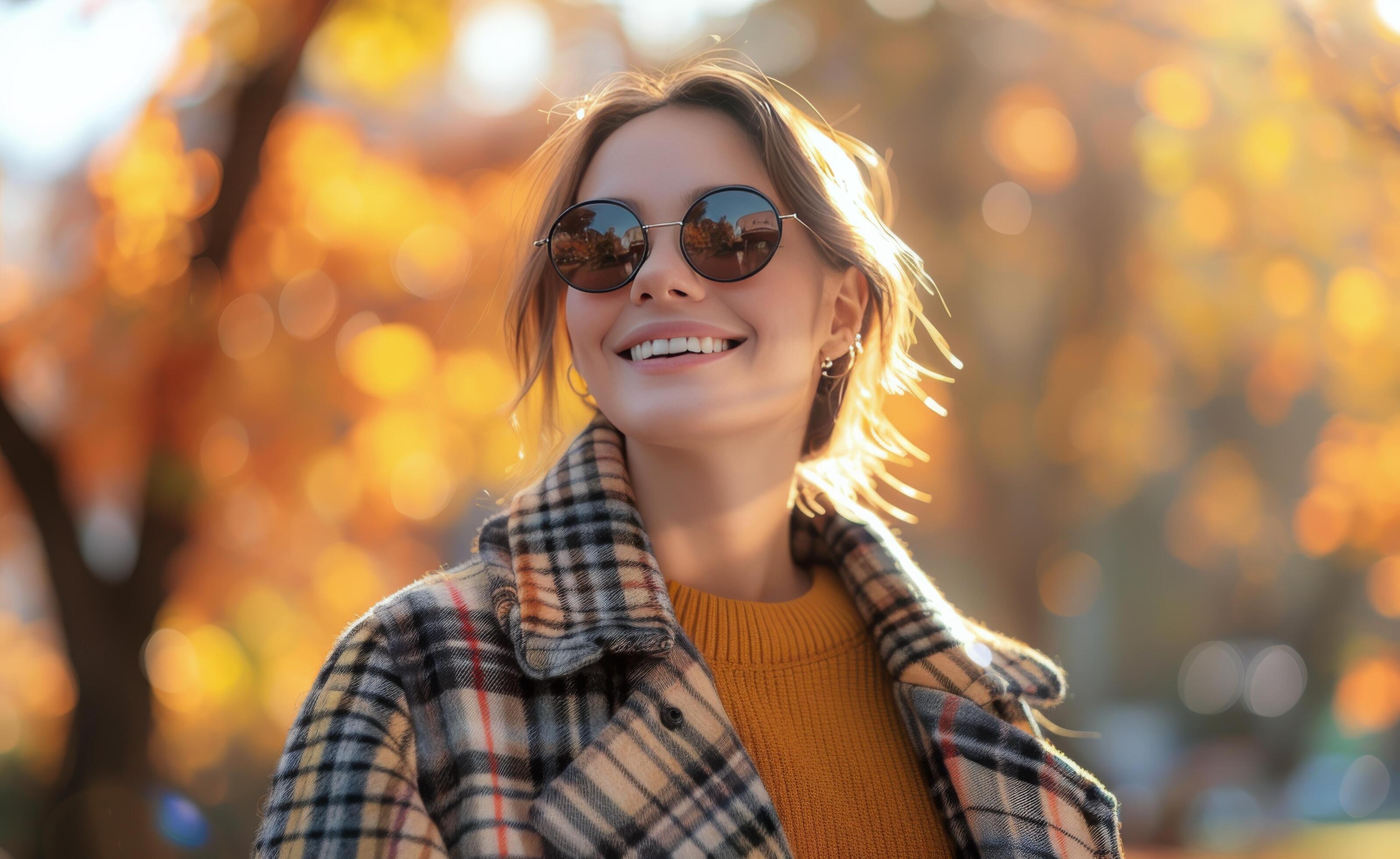 Woman Smiling in Fall With Sunglasses and Plaid Coat Stock Free