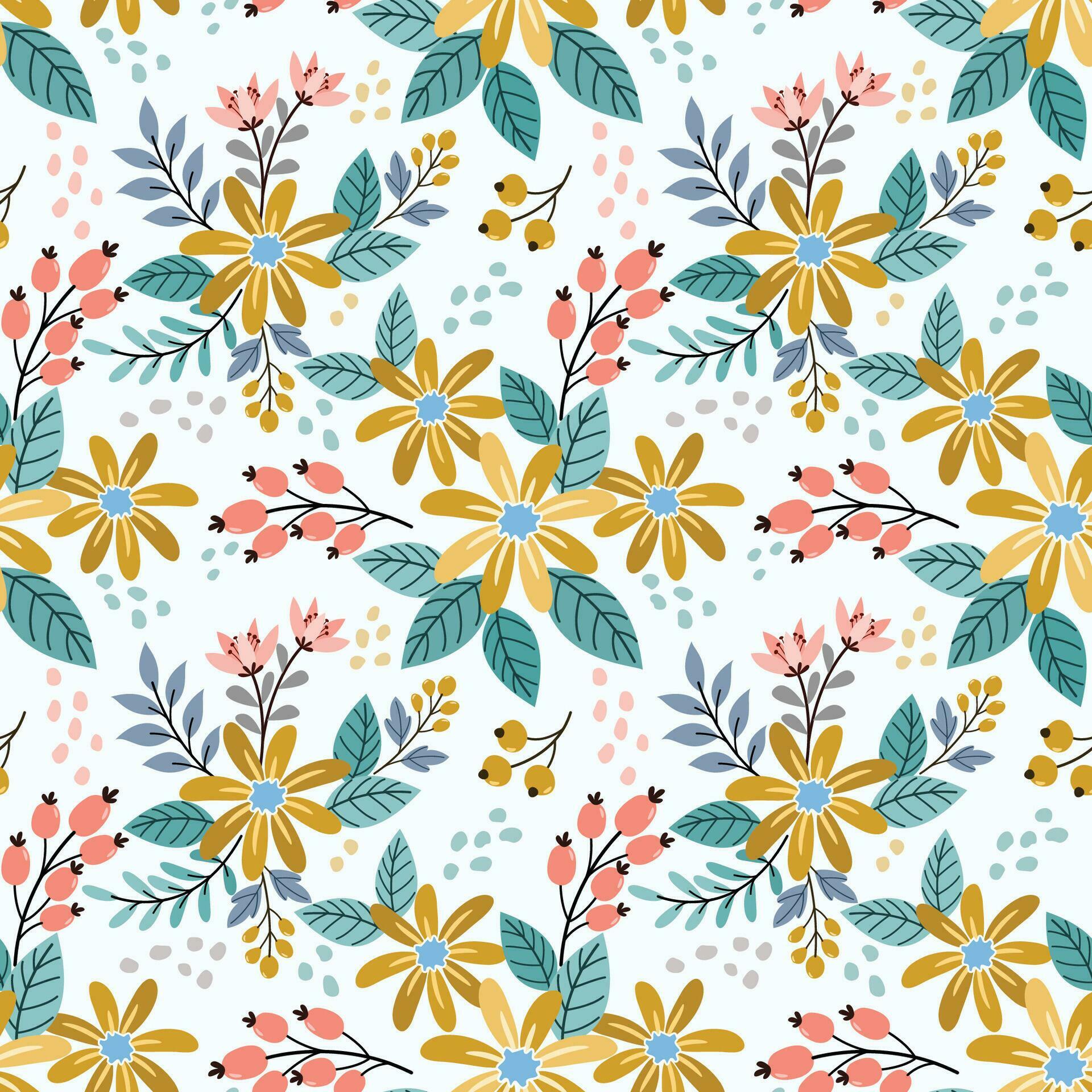 Cute yellow flowers and green leaf with berry seamless pattern. Stock Free