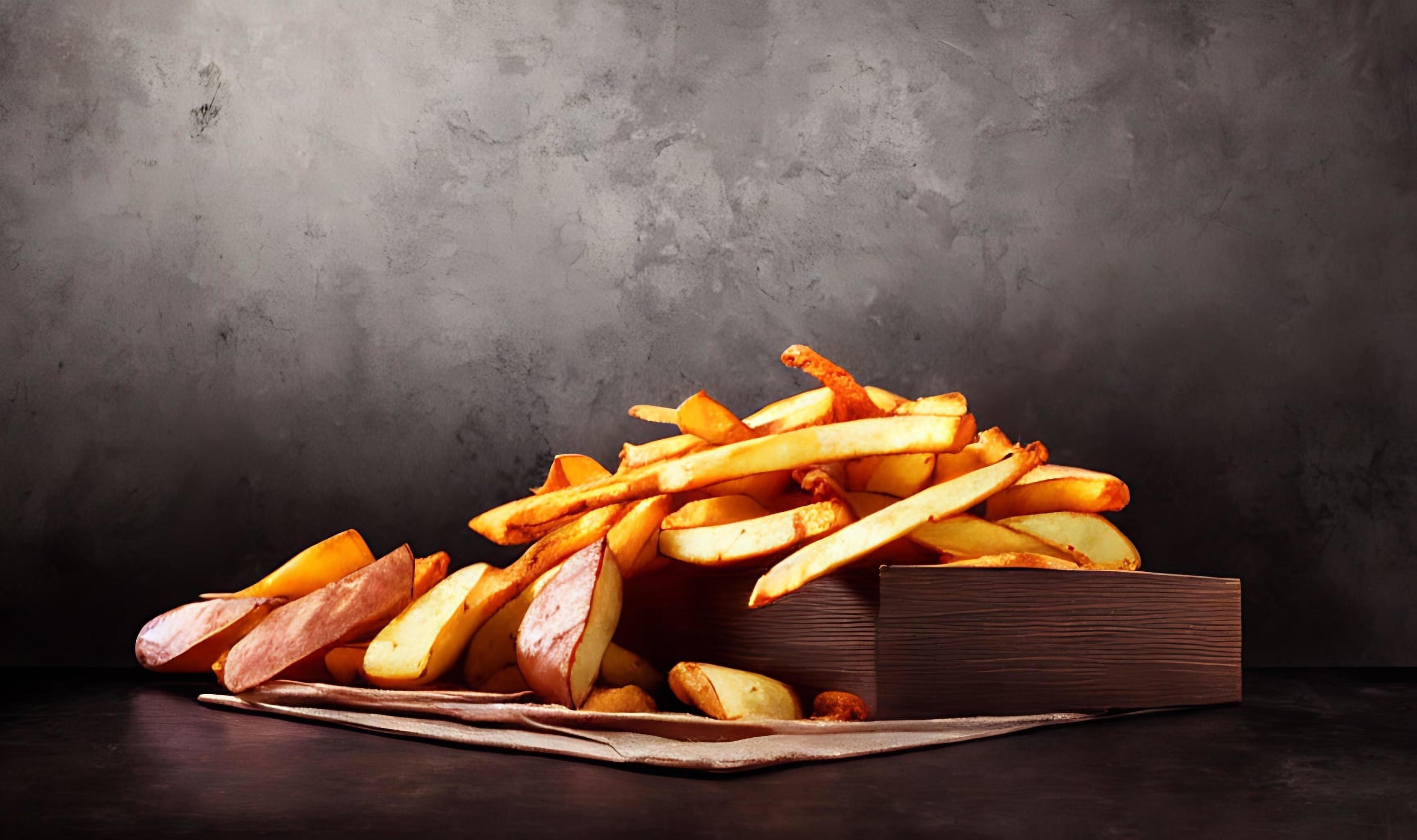 Delicious hot and crispy fried potatoes. Fast food and restaurant products. Stock Free