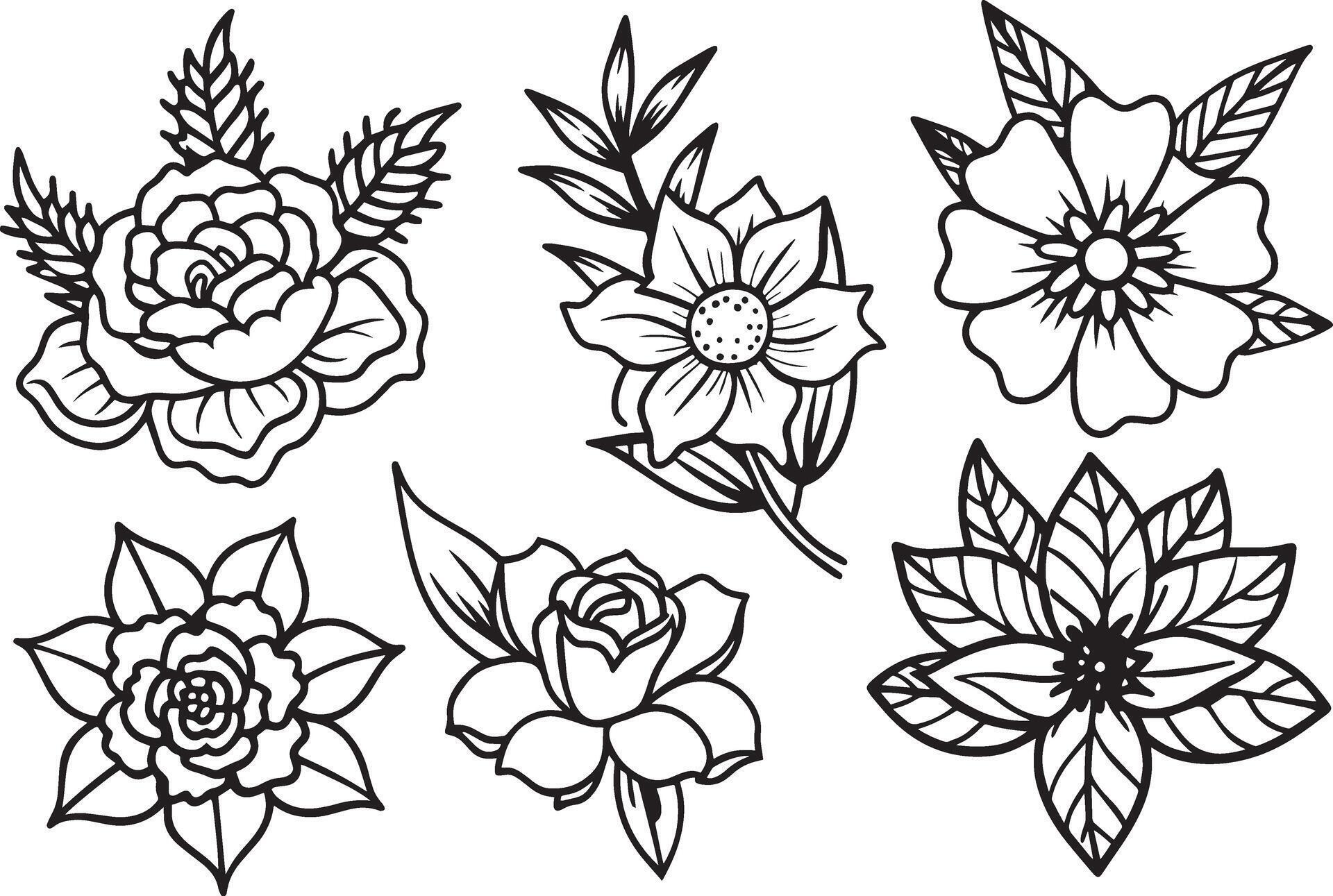 set of black and white flowers and leaves on a white background Stock Free