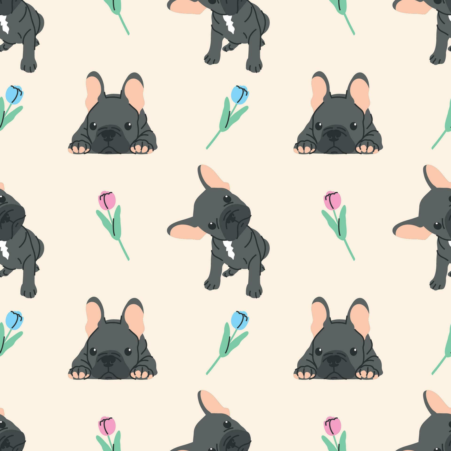 CUTE BLACK FRENCH BULLDOG WITH FLOWER FLAT SEAMLESS PATTERN DESIGN. Stock Free