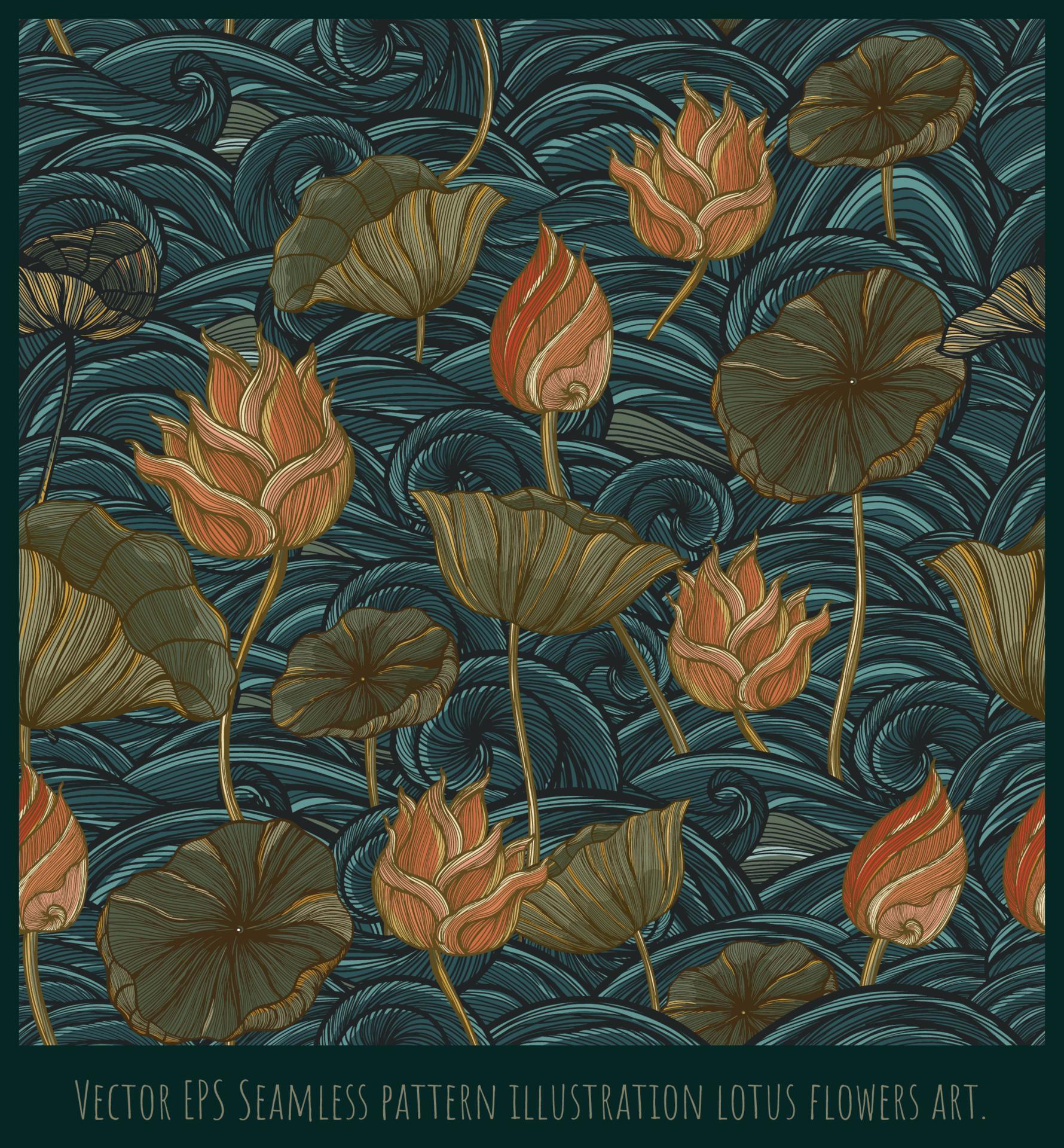 Vector EPS Seamless pattern illustration lotus flowers art Stock Free