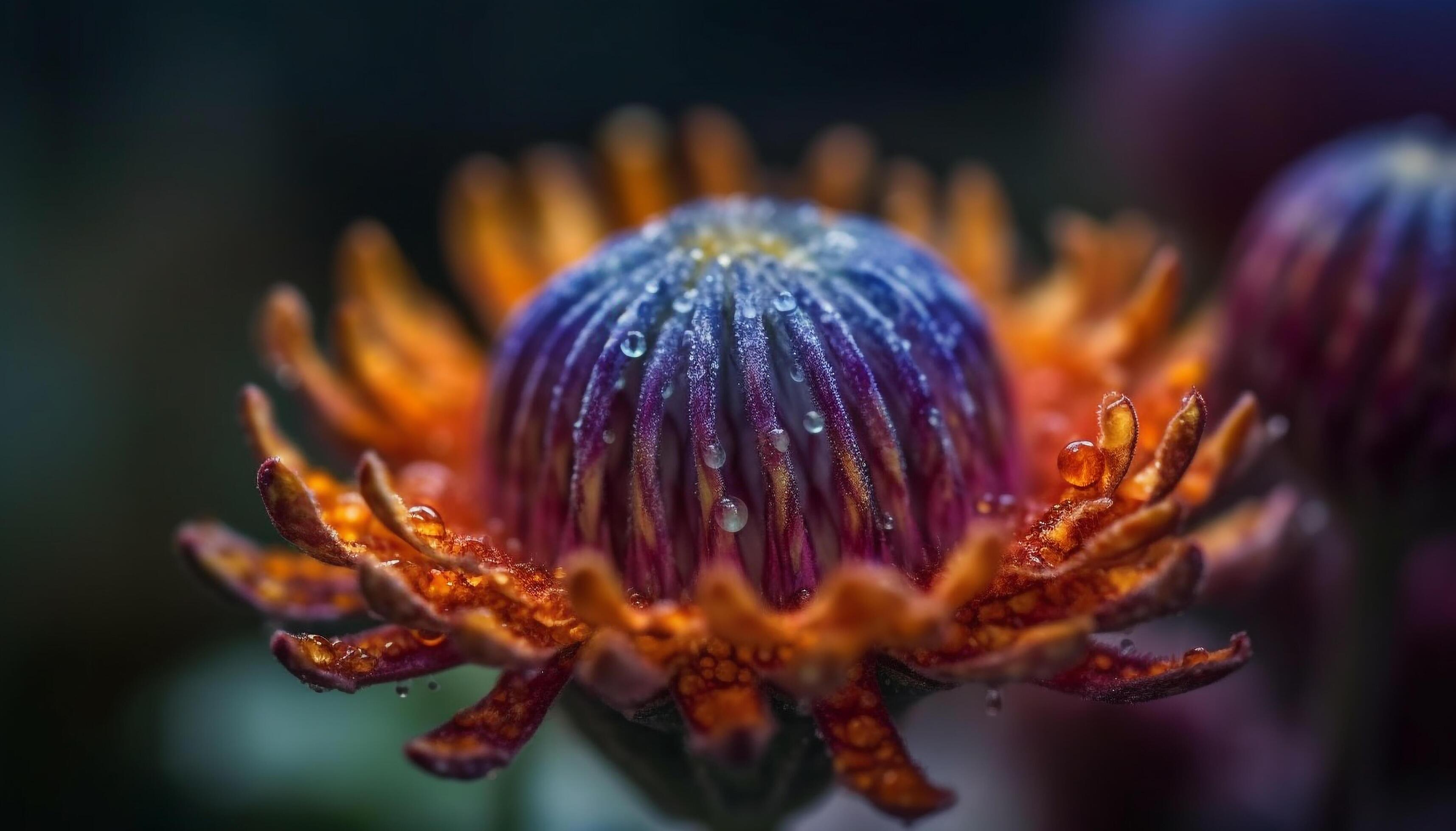 Single purple flower head in macro, focus on foreground stamen generated by AI Stock Free