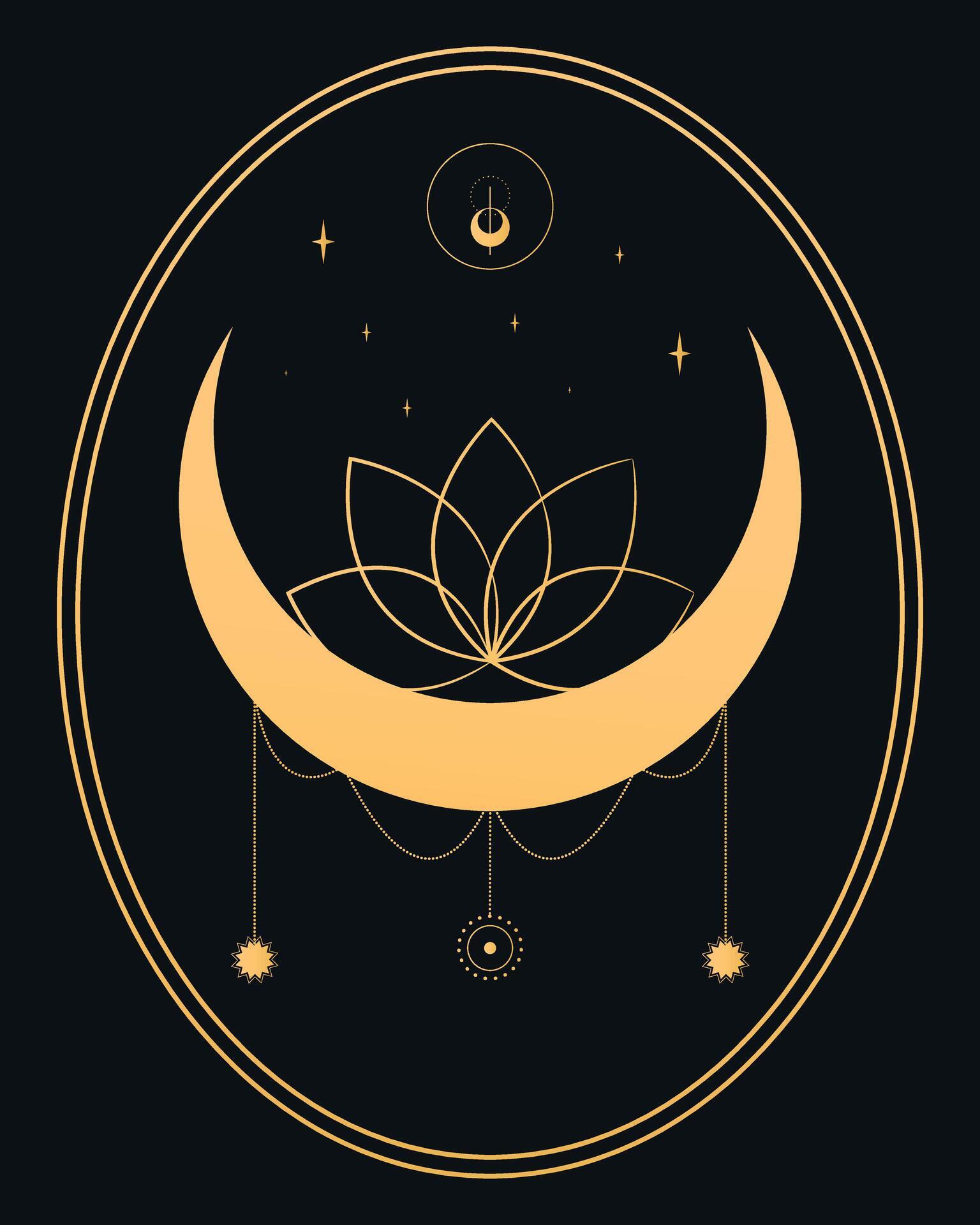 Abstract celestial emblem with a crescent, lotus flower and stars. Vector illustration Stock Free