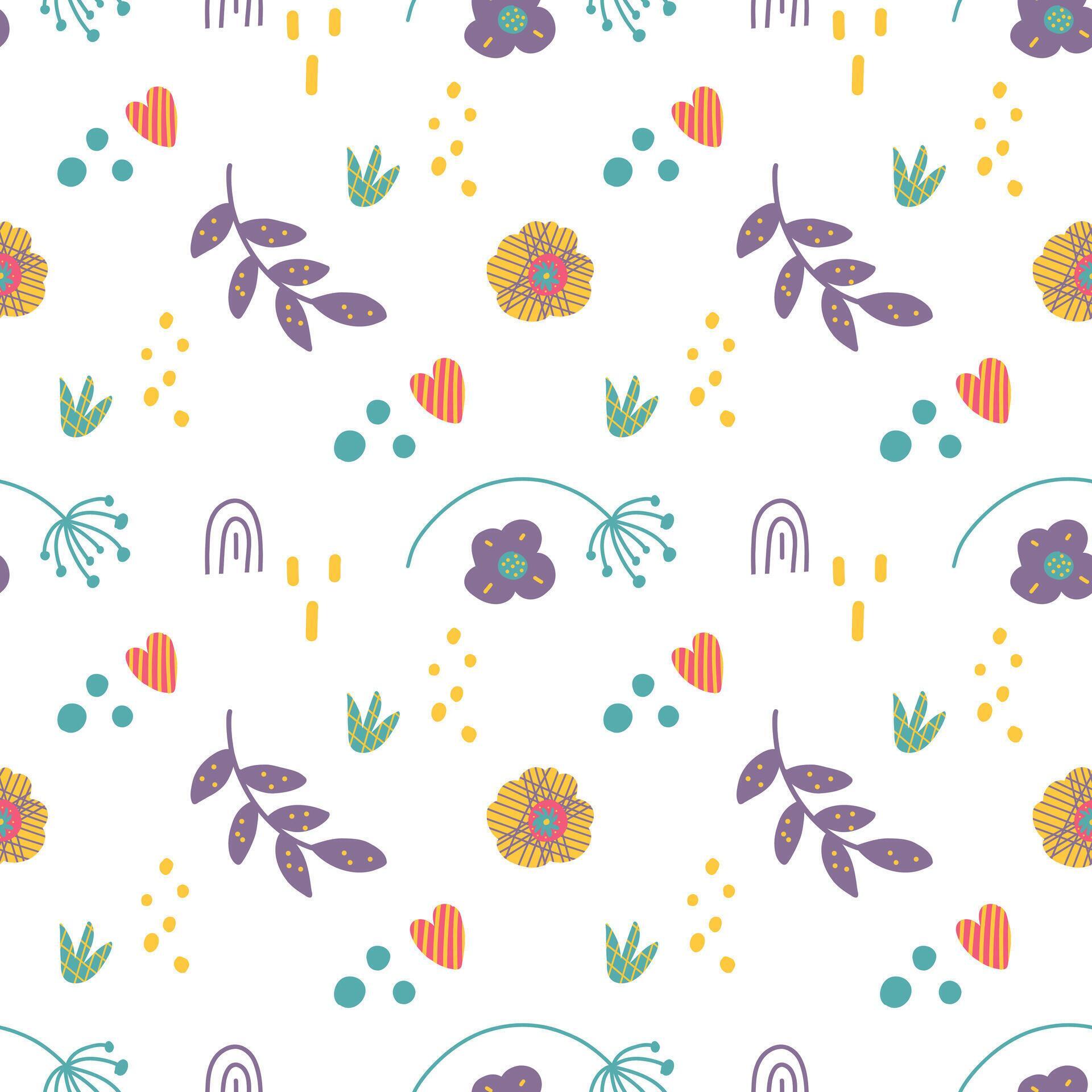 Seamless vector floral pattern with branch, heart, flowers, rainbow and leaves. Stock Free