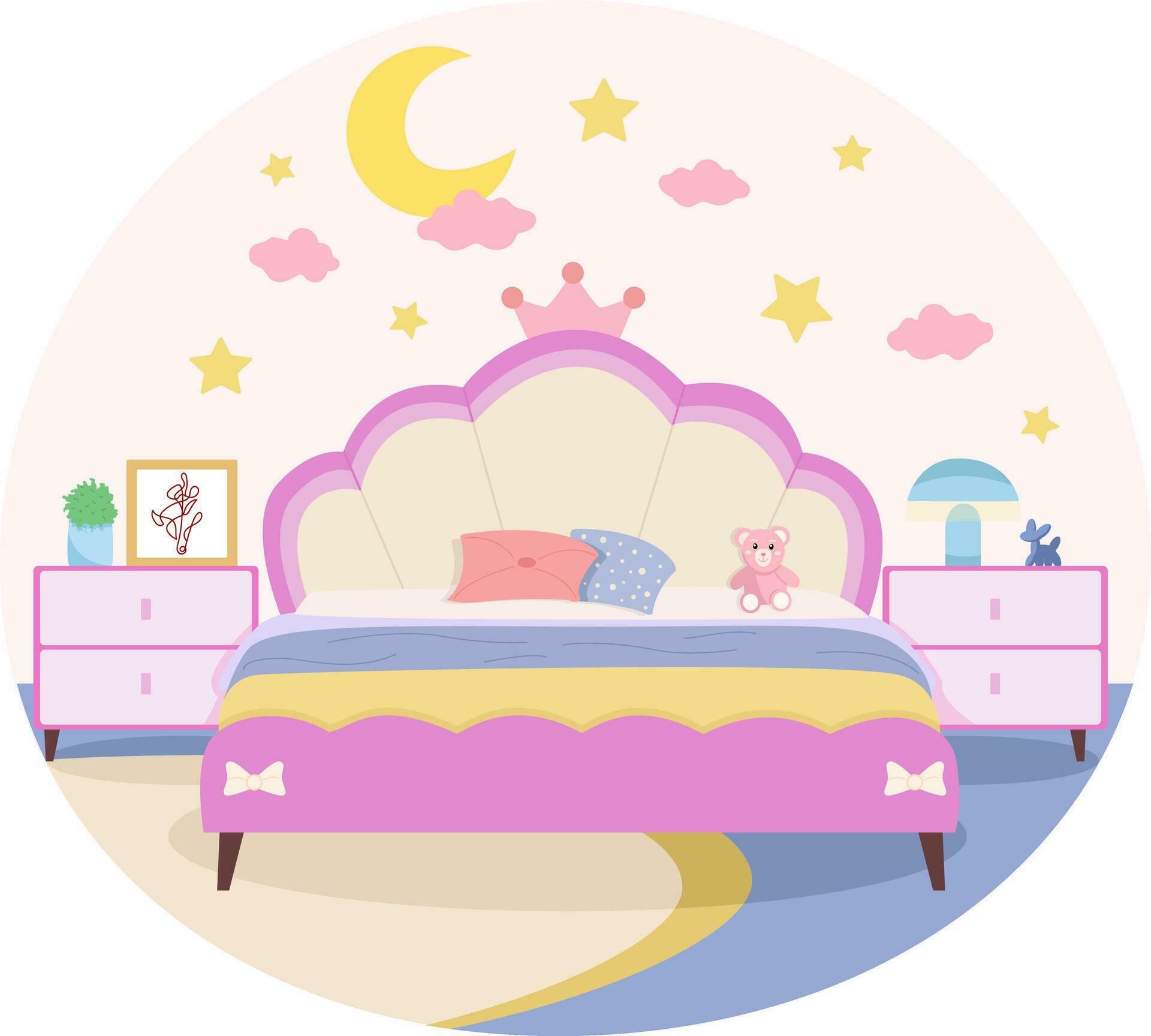 simple room illustration, with bedside tables, painting, flower, lamp, moon and stars, vector illustration Stock Free