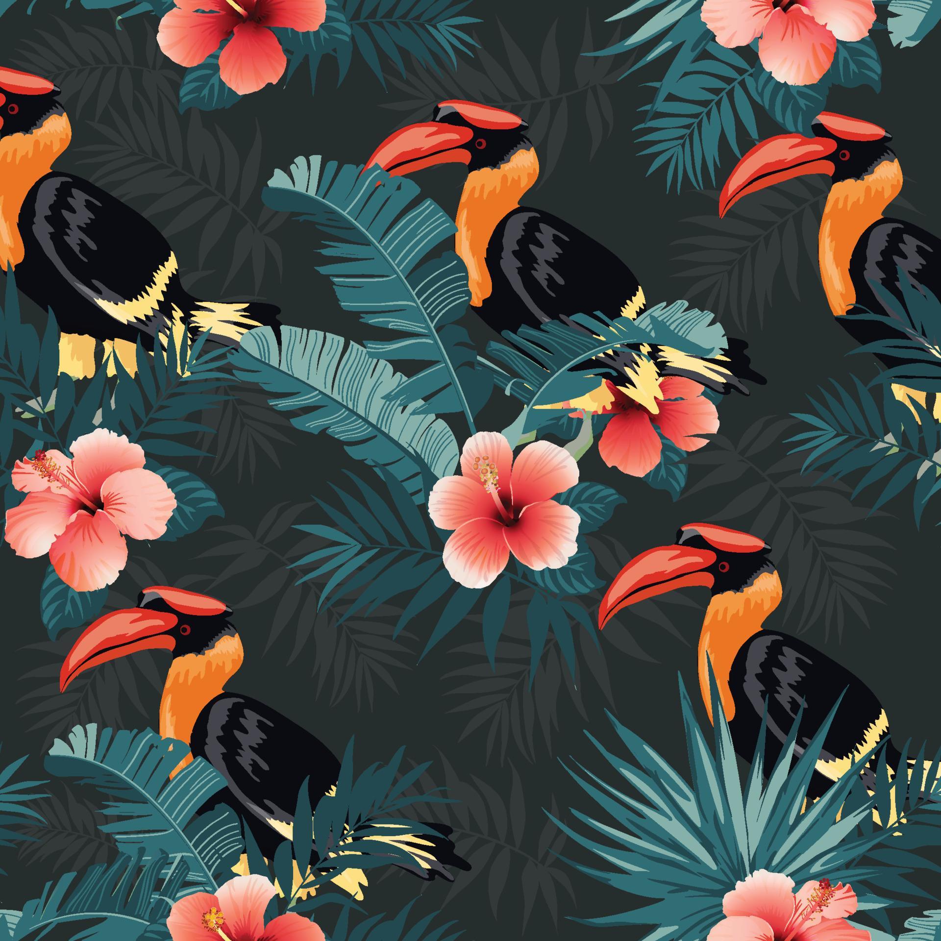 Tropical flowers and birds seamless background Stock Free