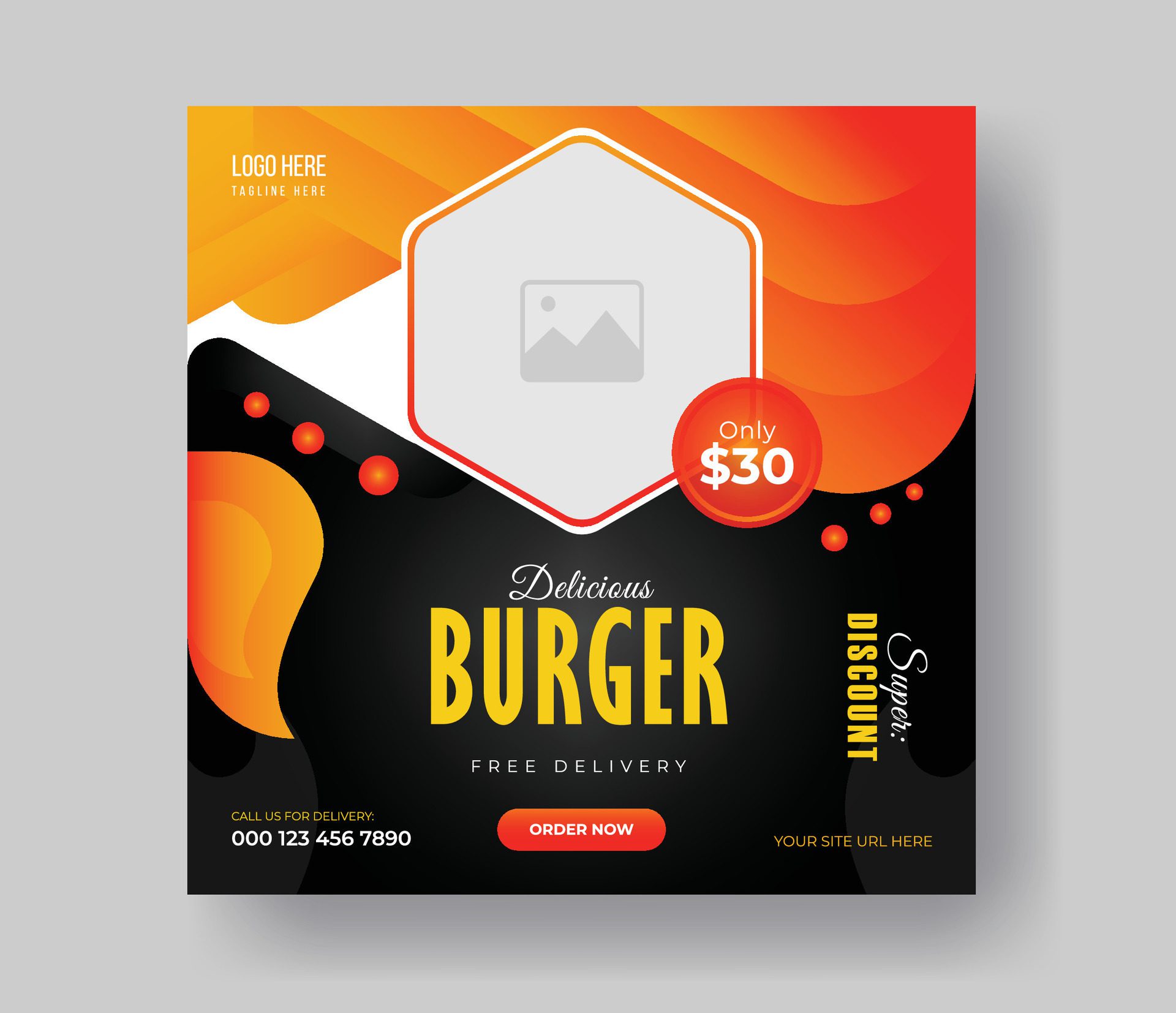 Burger food post online advertising promotion banner business vector layout design with colorful gradient shape and element. Free Vector