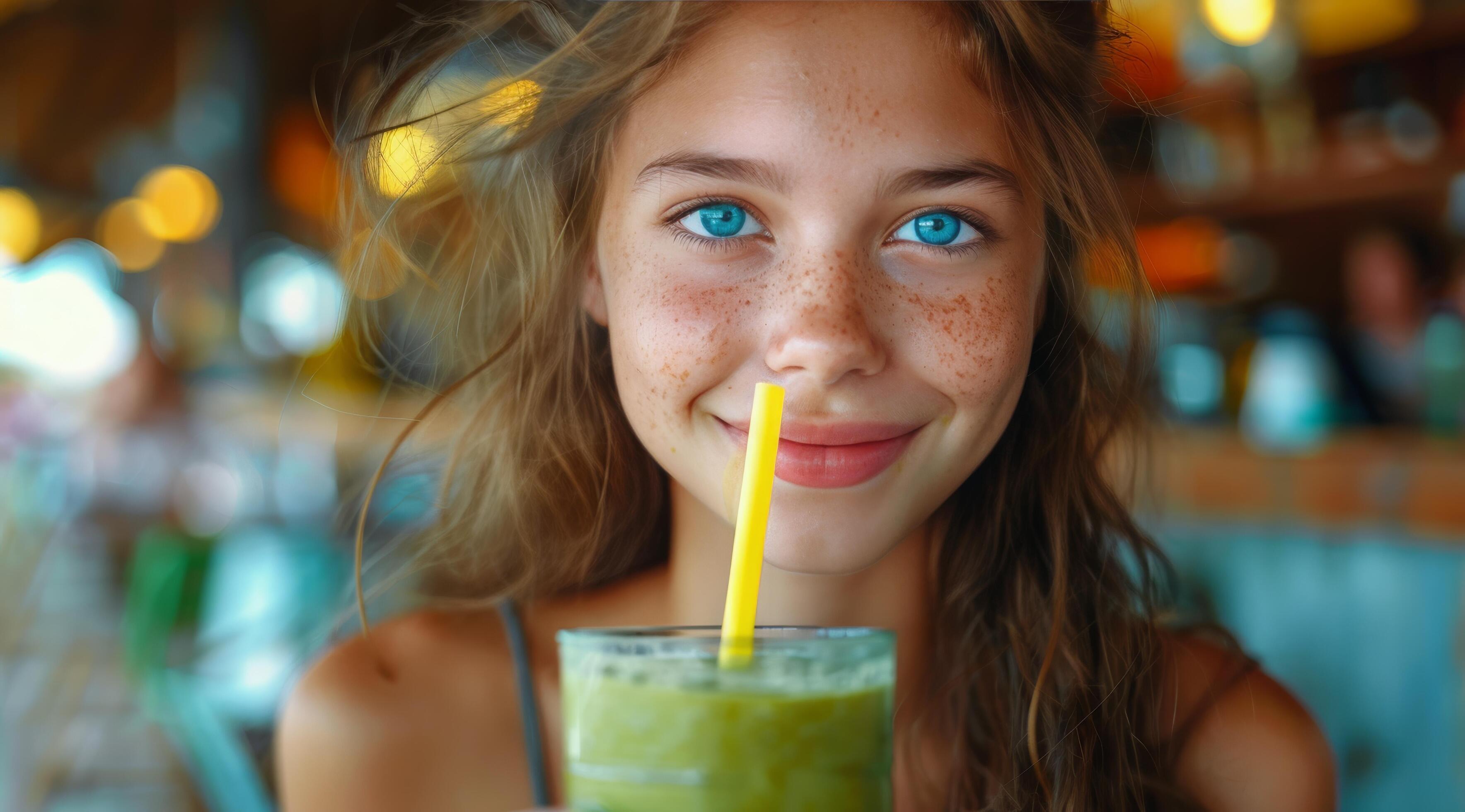 Woman Smiling and Enjoying a Refreshing Green Smoothie at a Cafe Stock Free