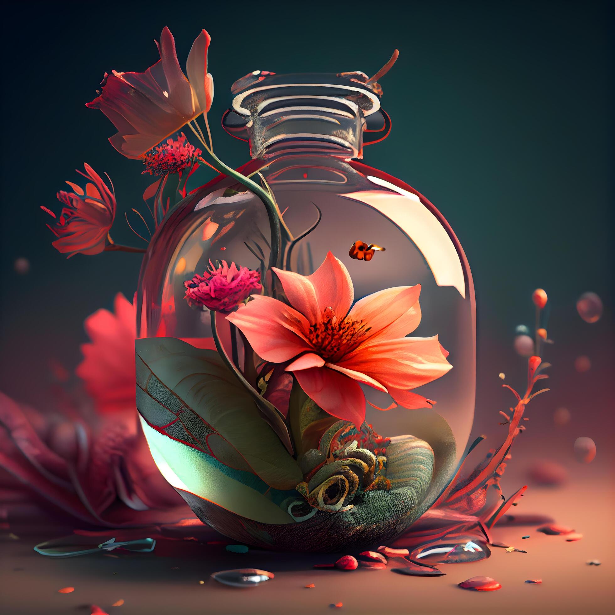 Flower in a glass bottle. 3d rendering. Computer digital drawing., Image Stock Free