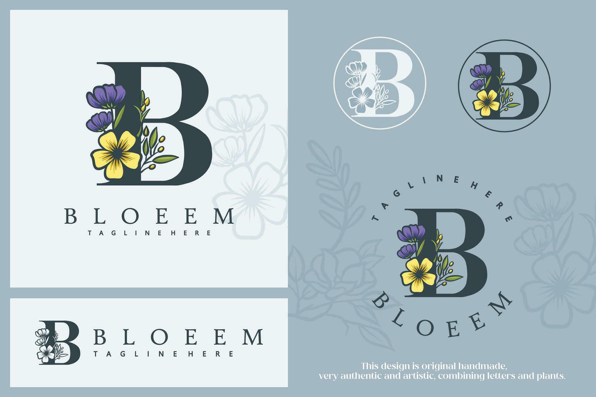 Floral Botanical Letter B. Monogram Font Logo combined with plants. Circle Flower Logo, pictorial, in pastel colors Stock Free