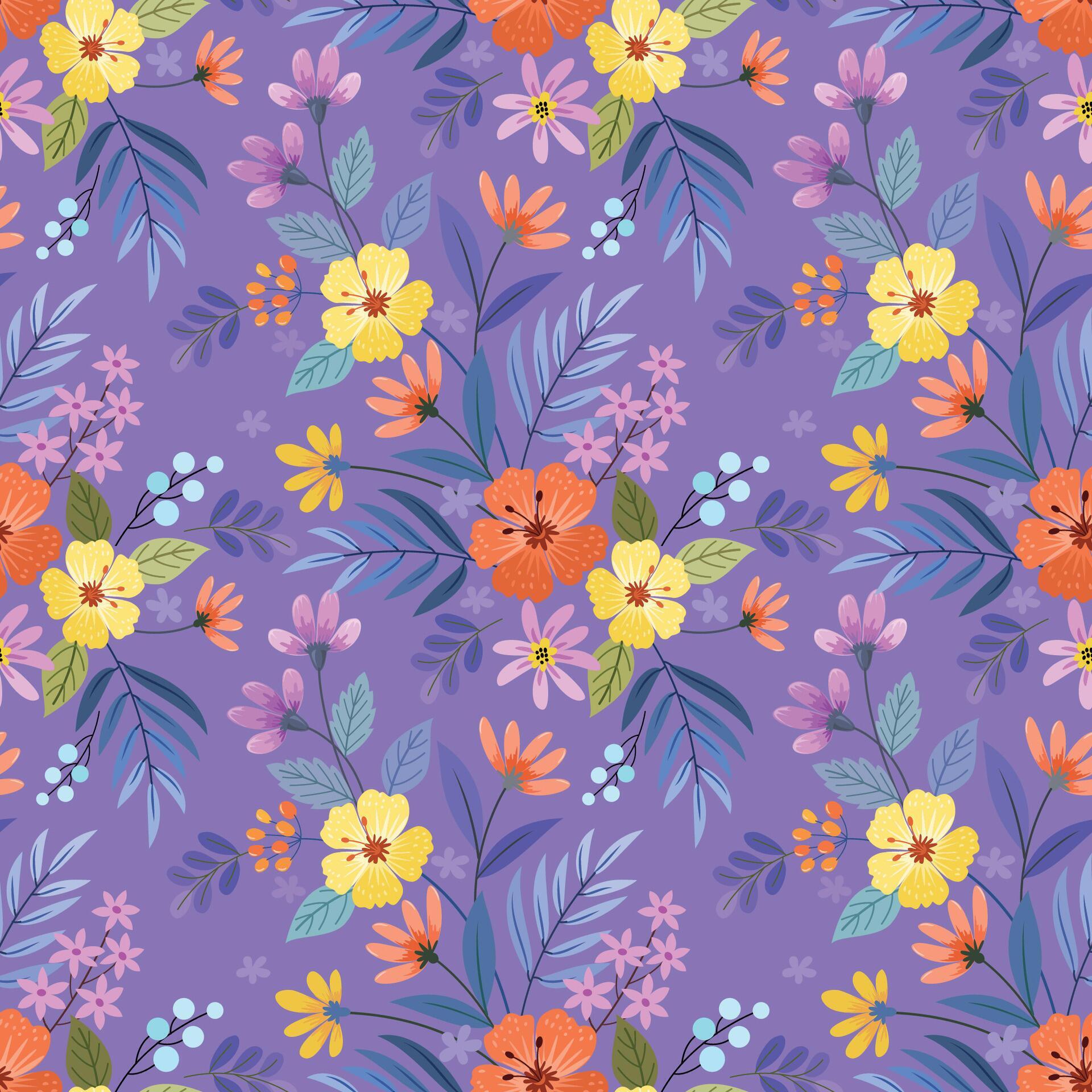 Beautiful blooming flowers on purple color background seamless pattern. Stock Free