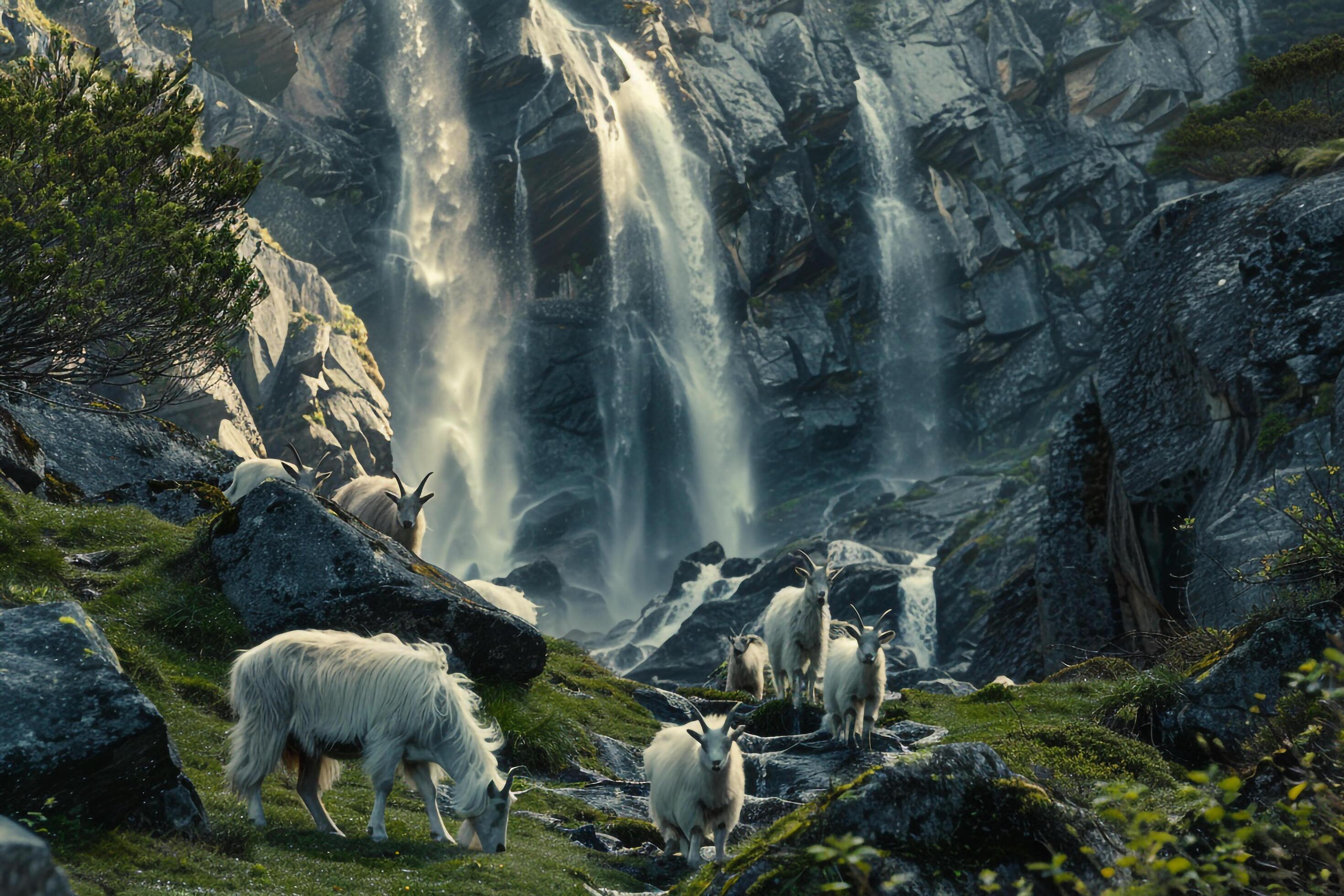 Serene waterfall in a mountainous landscape with a family of mountain goats nature background Stock Free