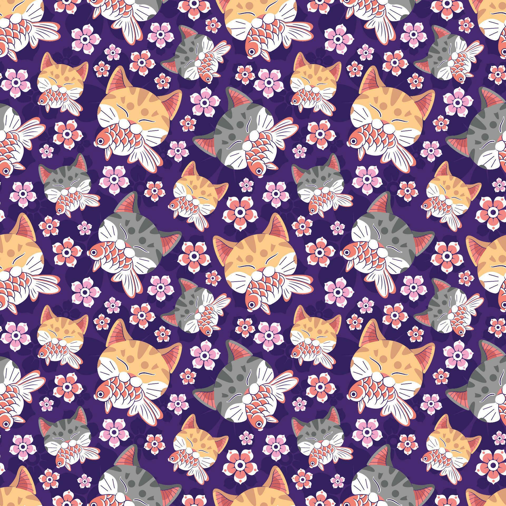 JAPANESE STYLE GREY AND ORANGE CAT HEAD IS BITING A KOI FISH WITH FLOWERS IN VIOLET BACKGROUND SEAMLESS PATTERN DESIGN. Stock Free