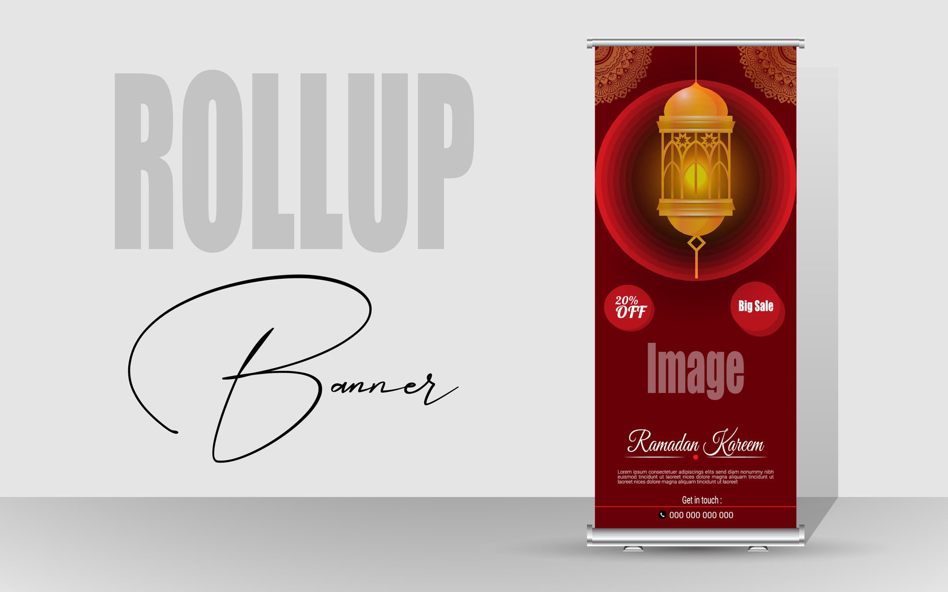 Roll up banner with a happy Ramadan design. unique meal banner for Ramadan. Rollup template for food menus. Free Vector