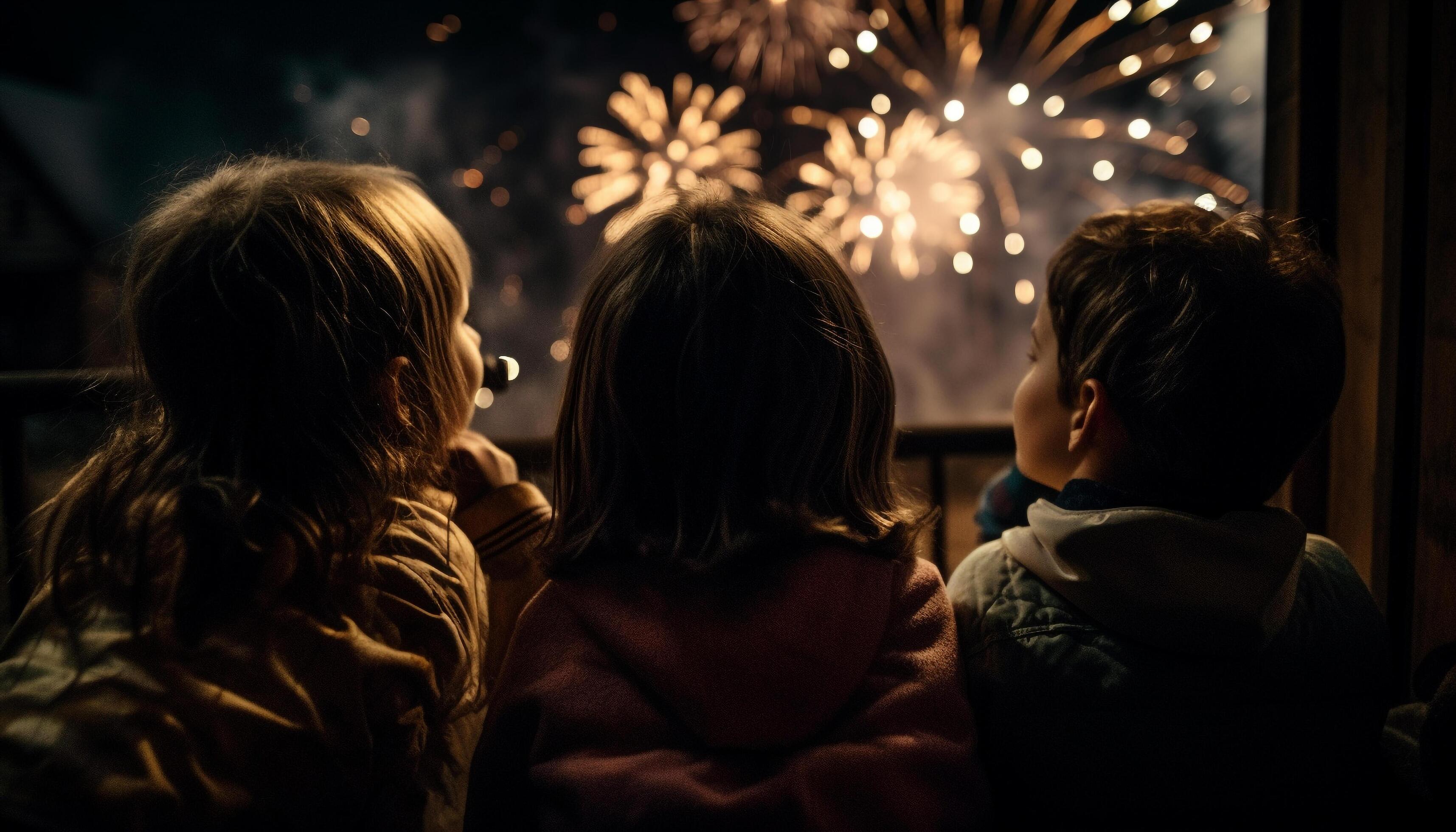 Families embracing under Christmas fire and lights generated by AI Stock Free