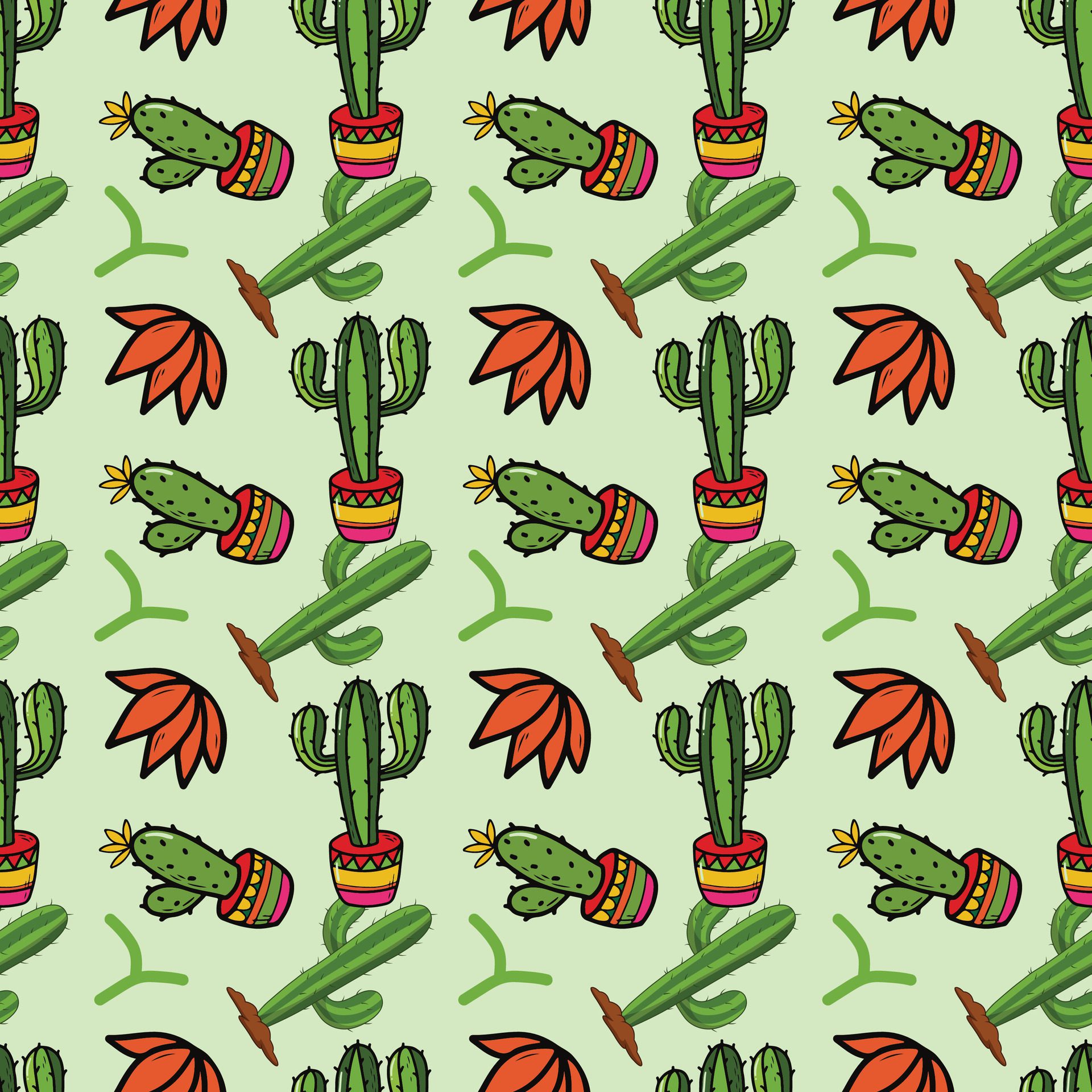 Summer Cacti Seamless Pattern Design Free Vector