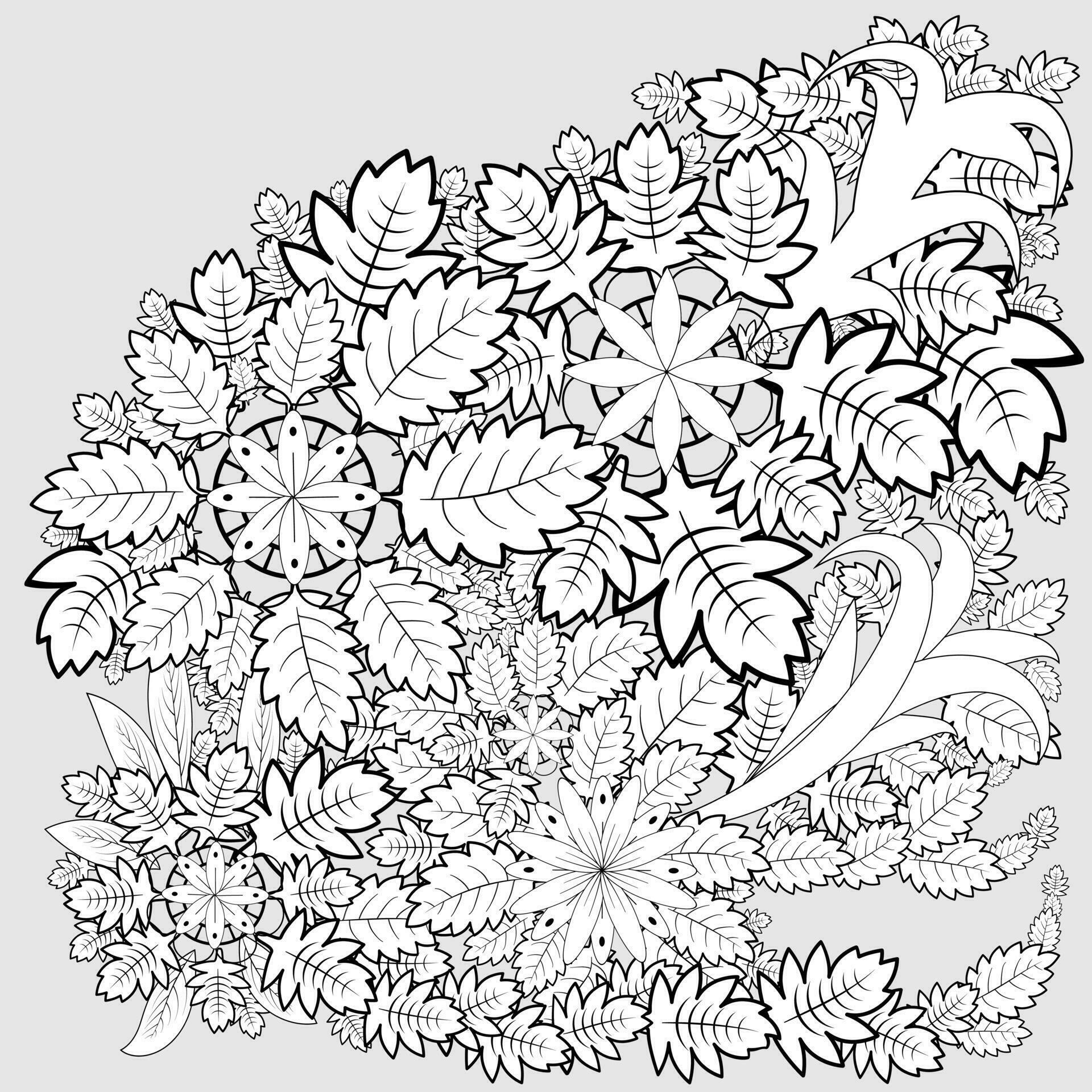 A coloring page with a large floral design and flower and leaves doodle art. Stock Free