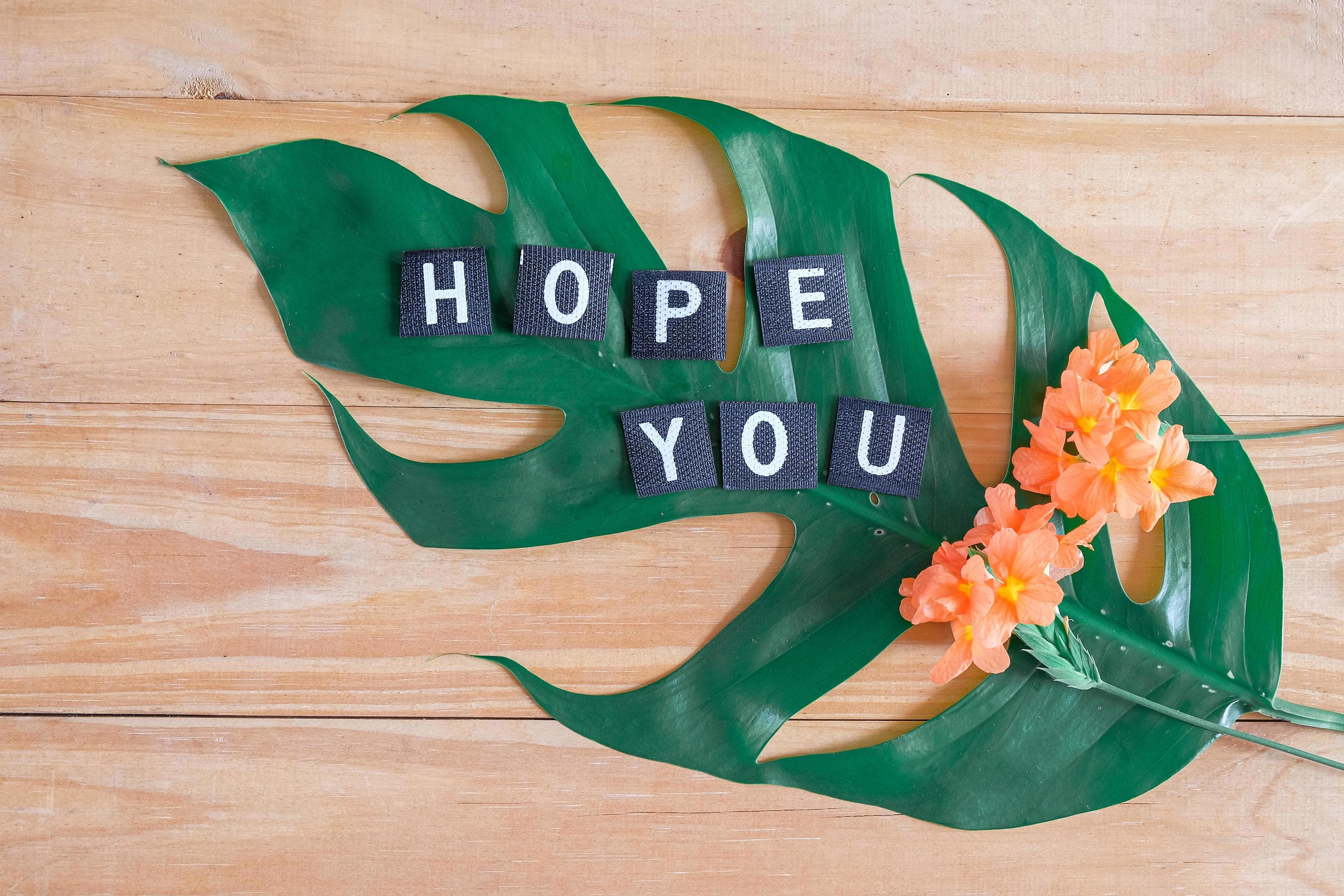 Hope you tag with flower on wood table. Stock Free